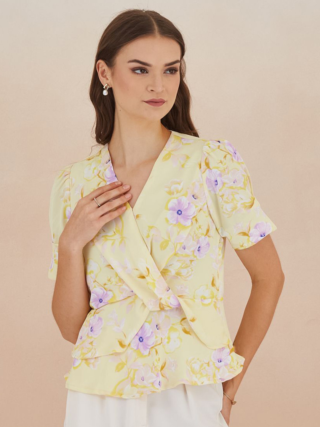 Latin Quarters Women Floral Printed Puff Sleeves V-Neck Wrap Top