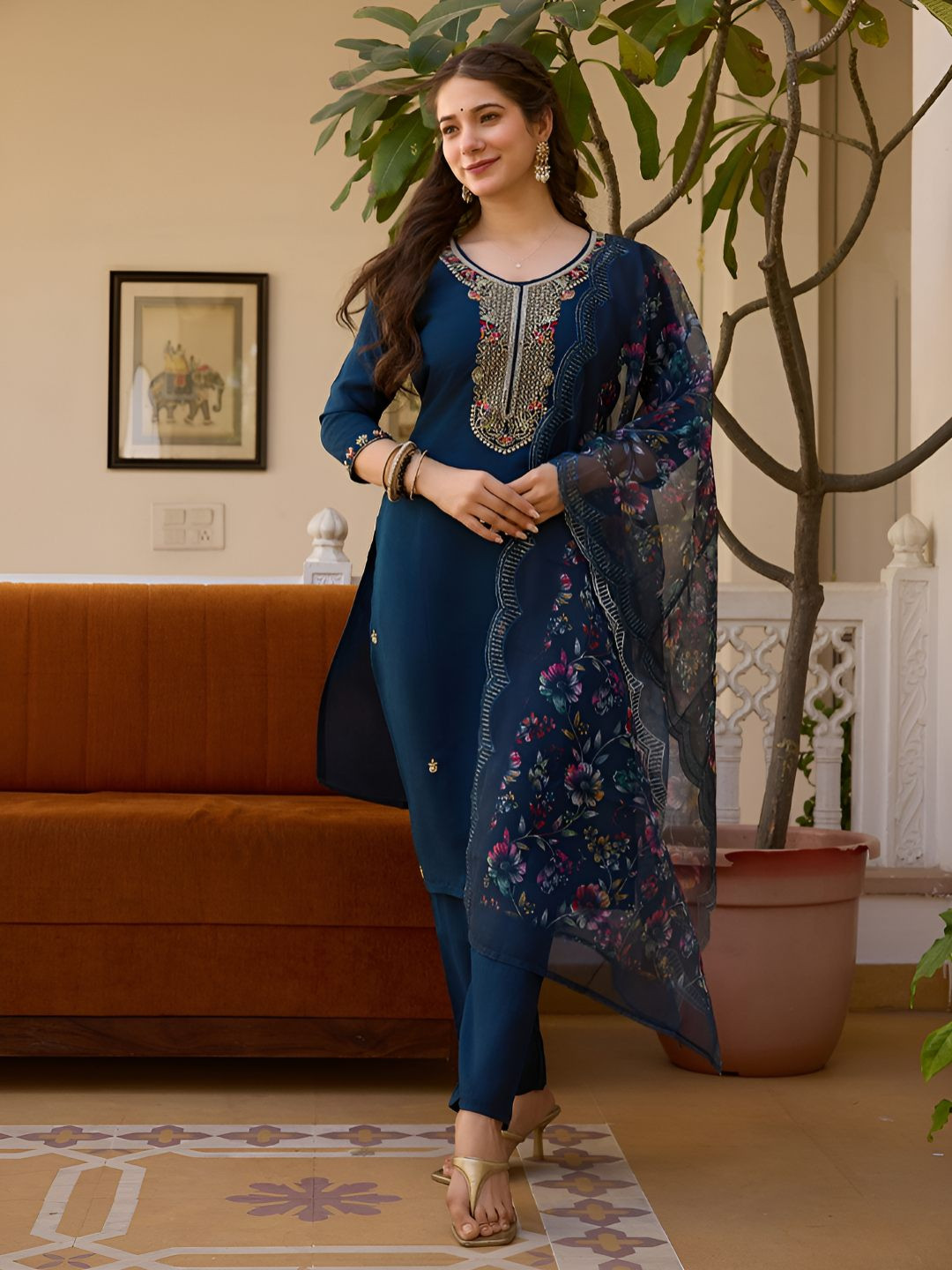 Happy Design Embroidered Thread Work Chanderi Silk Kurta with Trousers & Dupatta