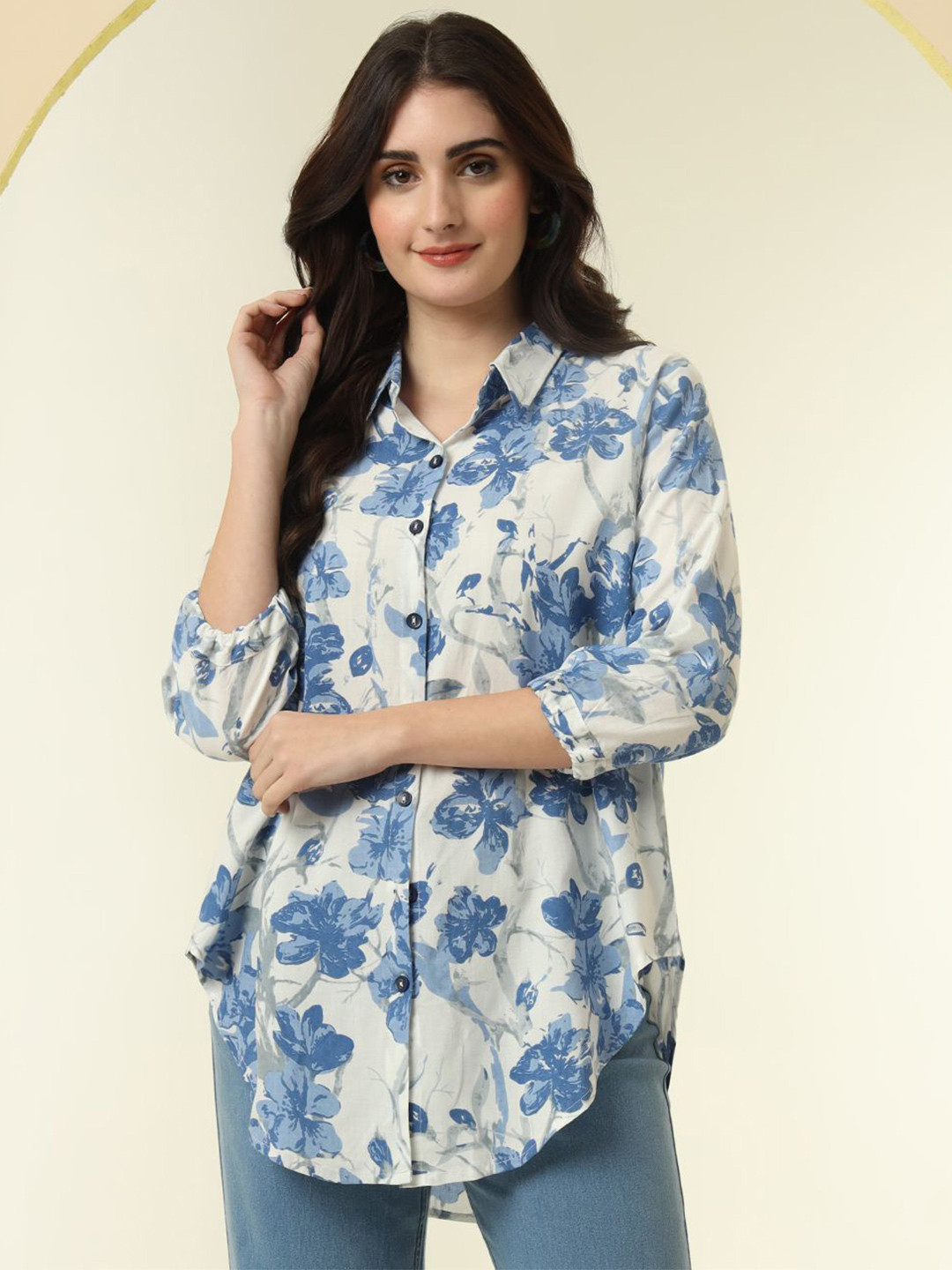 NYPA Floral Printed Spread Collar Oversized Casual Shirt