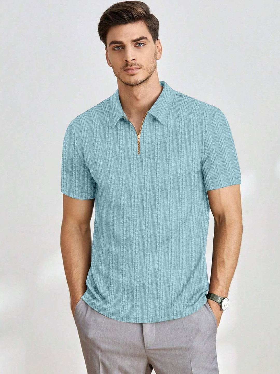 COMBRAIDED Men Turquoise Blue Polo Collar T-shirt