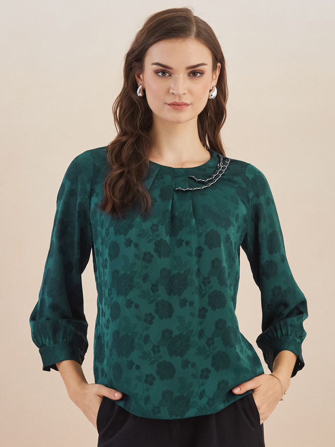 Latin Quarters Women Floral Printed 3/4Th Sleeves Round Neck Top