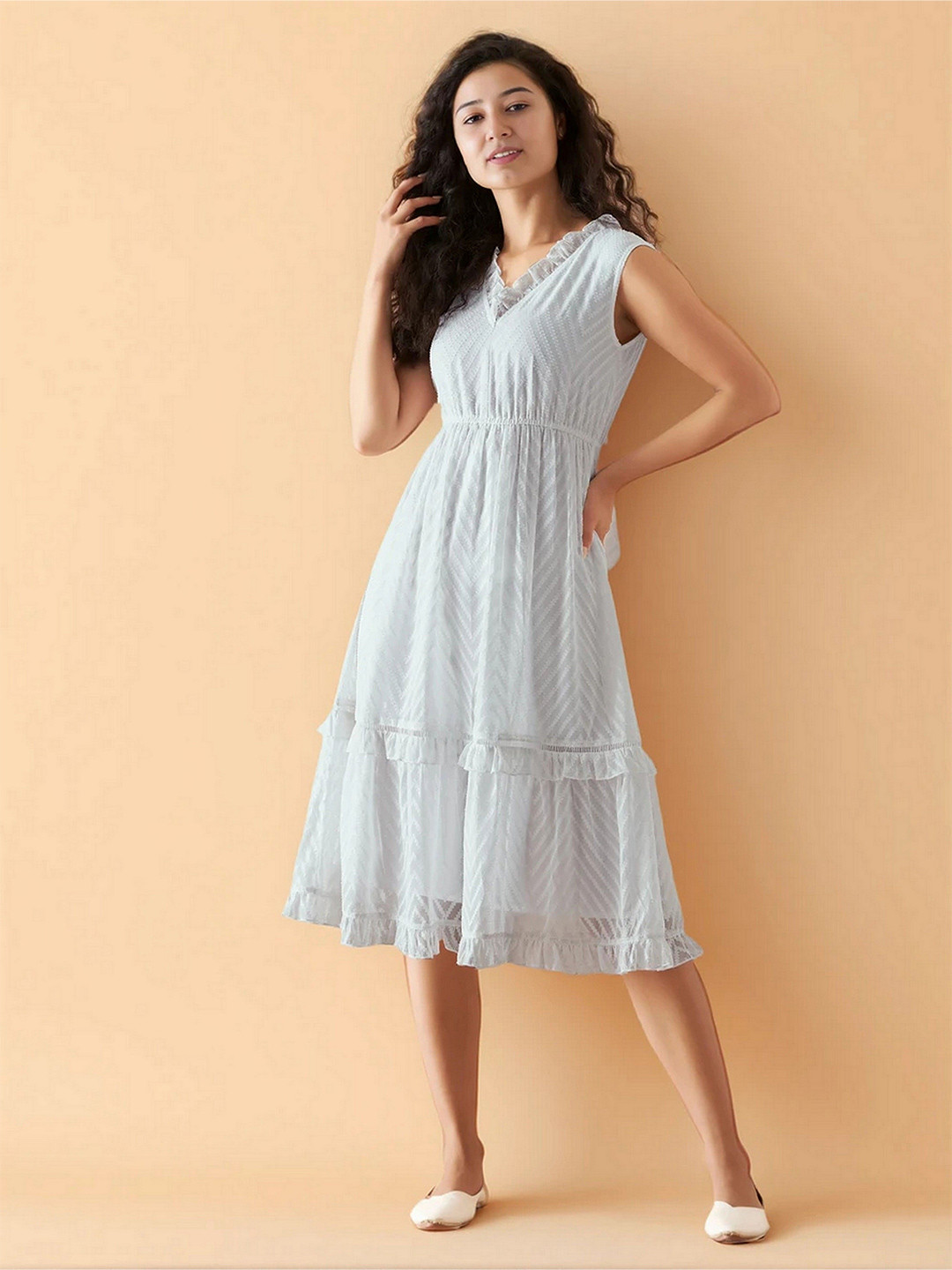 AASK Women's White Self Design Crepe Fit and Flare Calf Length Dress