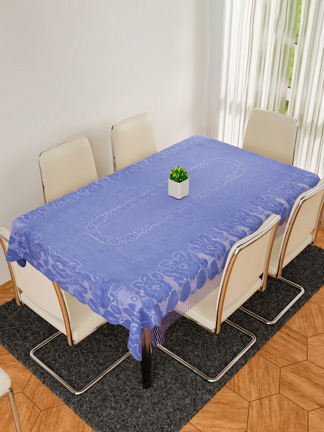 Aura Blue Net Jhalar Anti-Skid Rectangle 6 Seater Table Cover