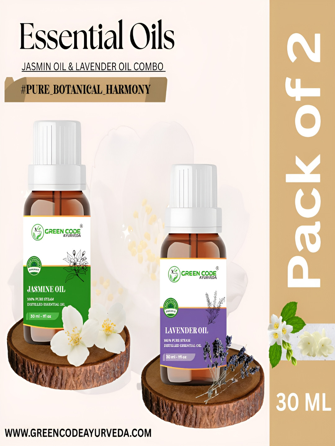 GREEN CODE AYURVEDA  Set Of 2 100% Pure Jasmine & Lavender Essential Oils - 30 ml Each