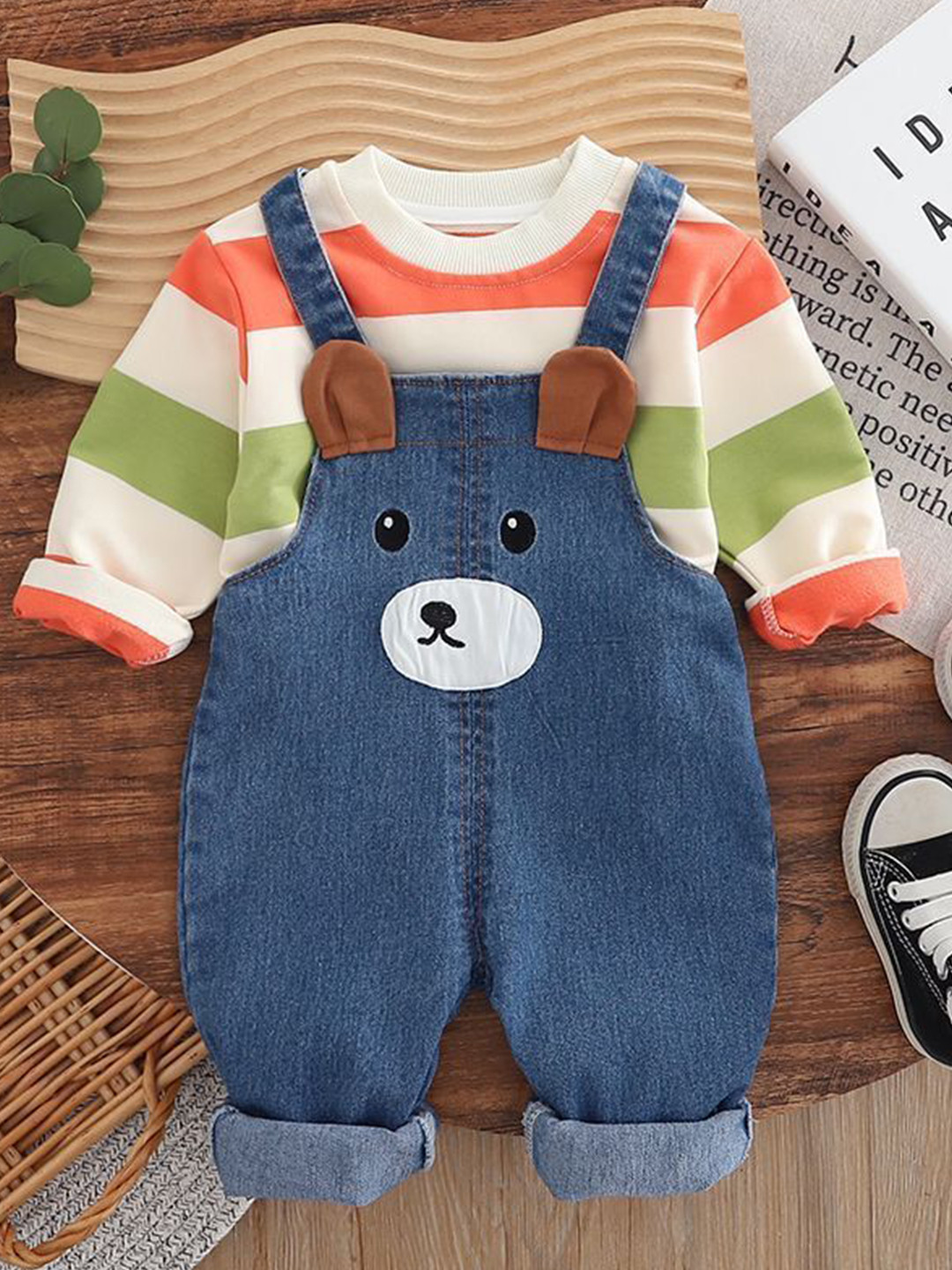 POP STREET KIDS Girls Striped Straight Leg Denim T-Shirt With Dungarees