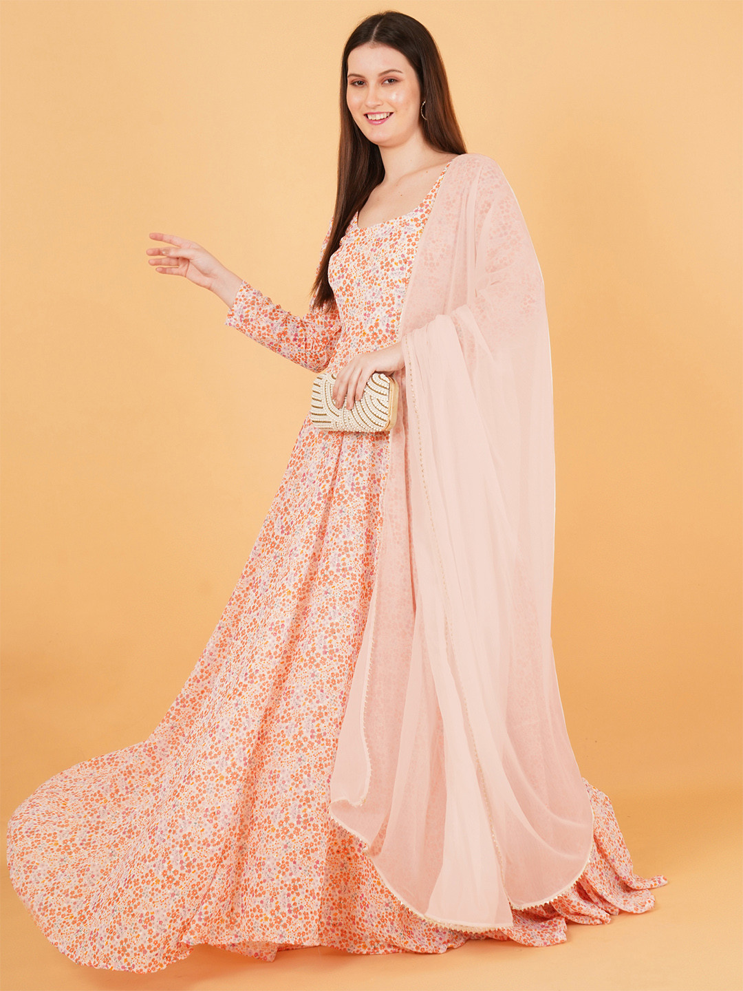 Magnetism Women Floral Printed Chiffon Maxi Ethnic Dress with Dupatta