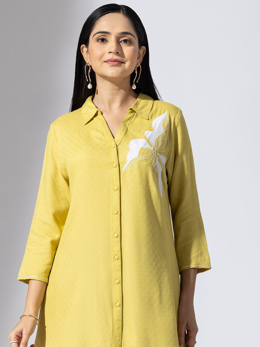 Mustard Shirt Collar Printed Tunic