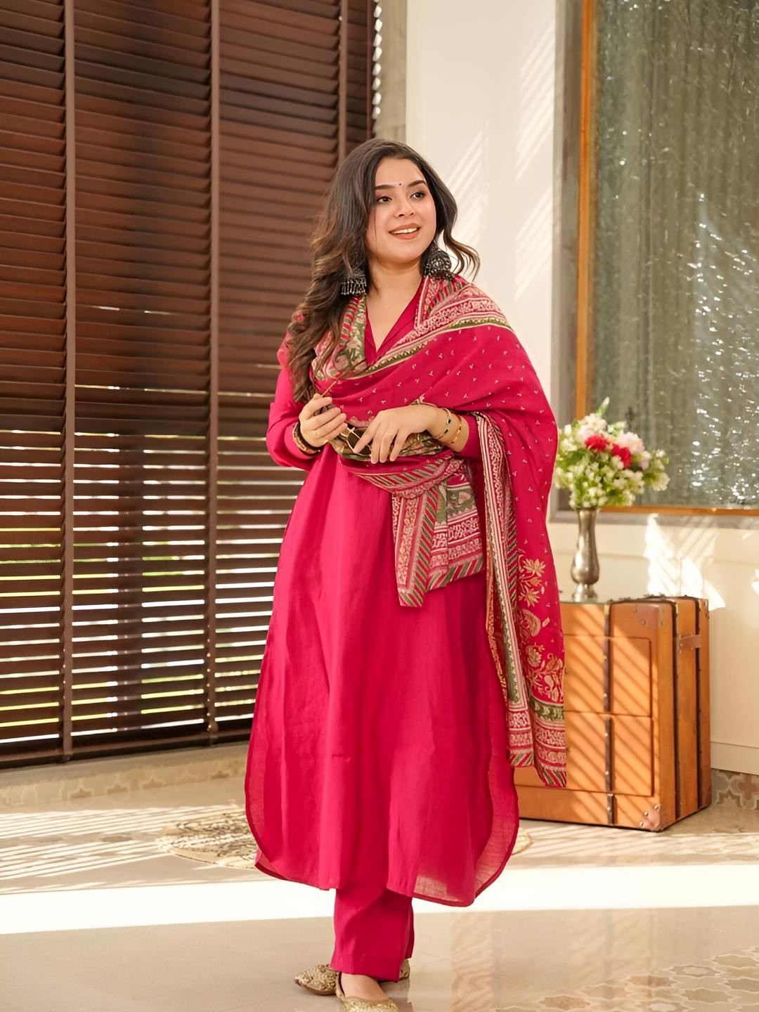 Pantos Women Solid A-Line Kurta with Trousers & Dupatta