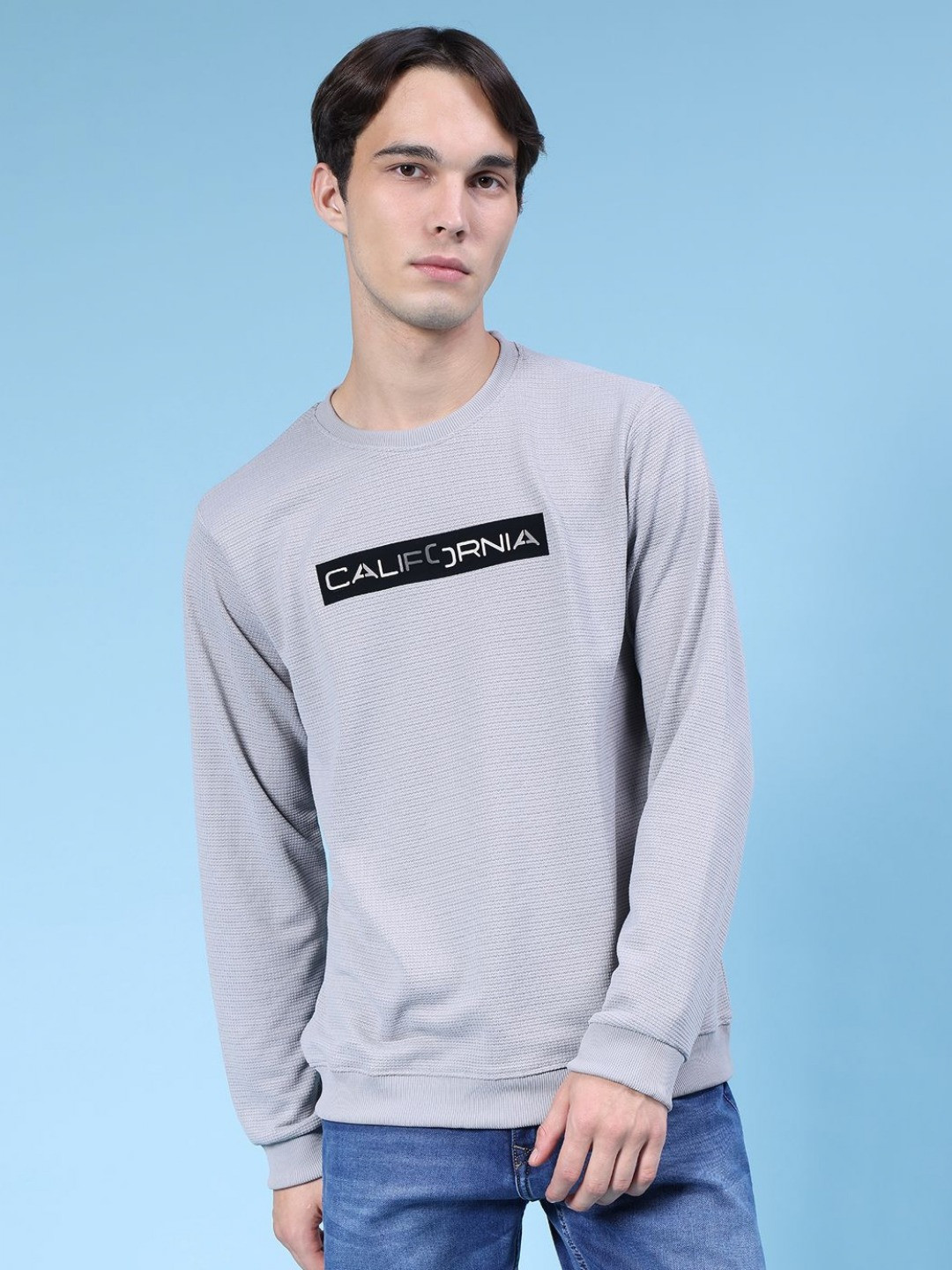 V-Mart Men Self Design Interlock Round Neck Sweatshirt