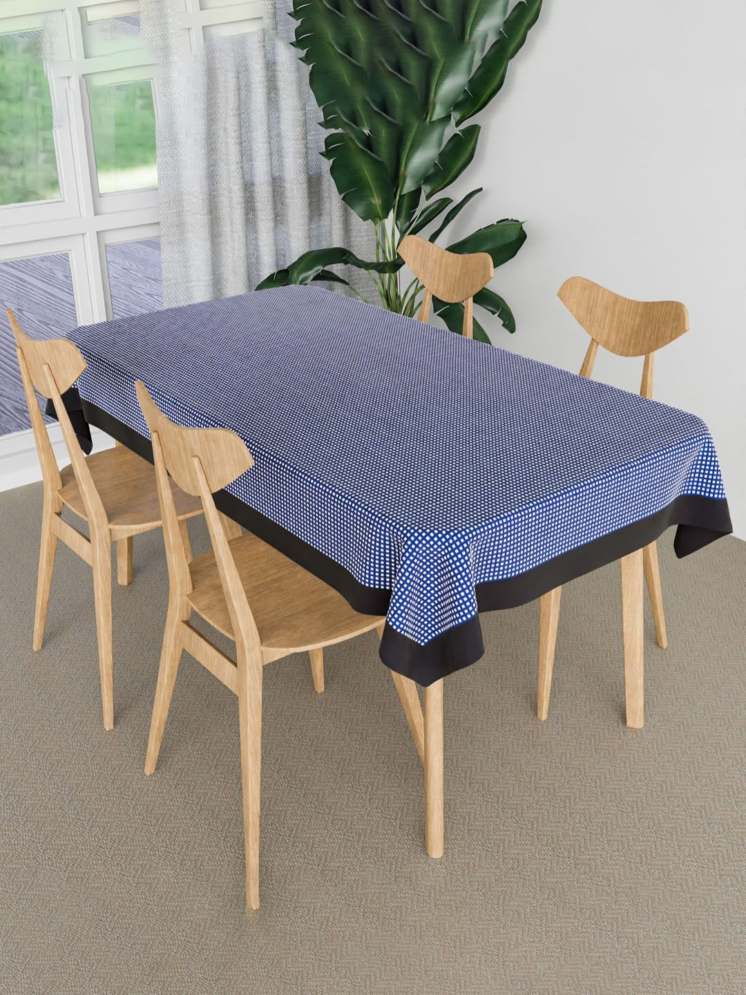 Aura Blue & White Barik Check Design Cotton Anti-Skid Rectangle 4 Seater Table Cover