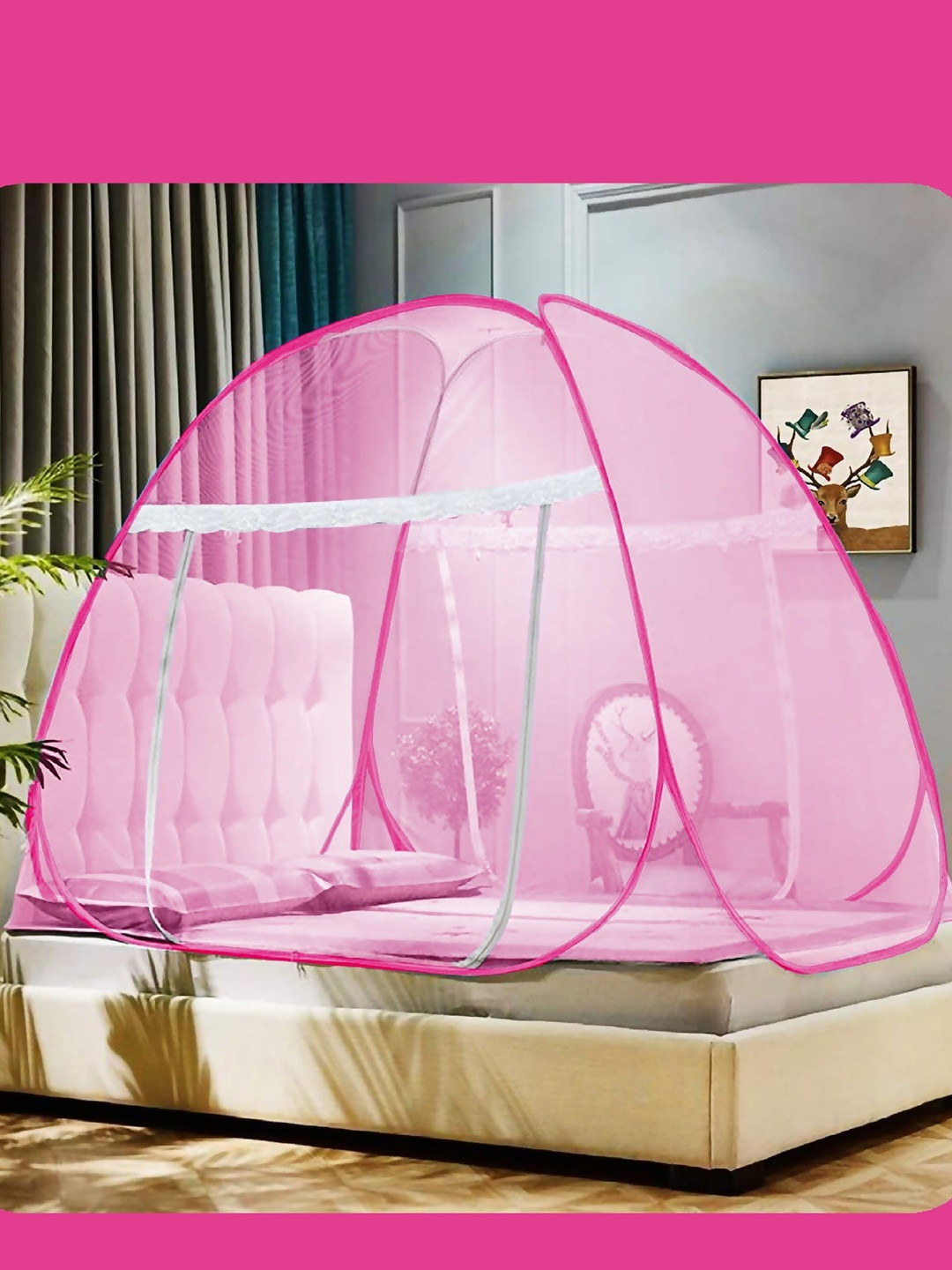 VIV-ATIQ Polyester Pink & White King Size Tent Mosquito Net