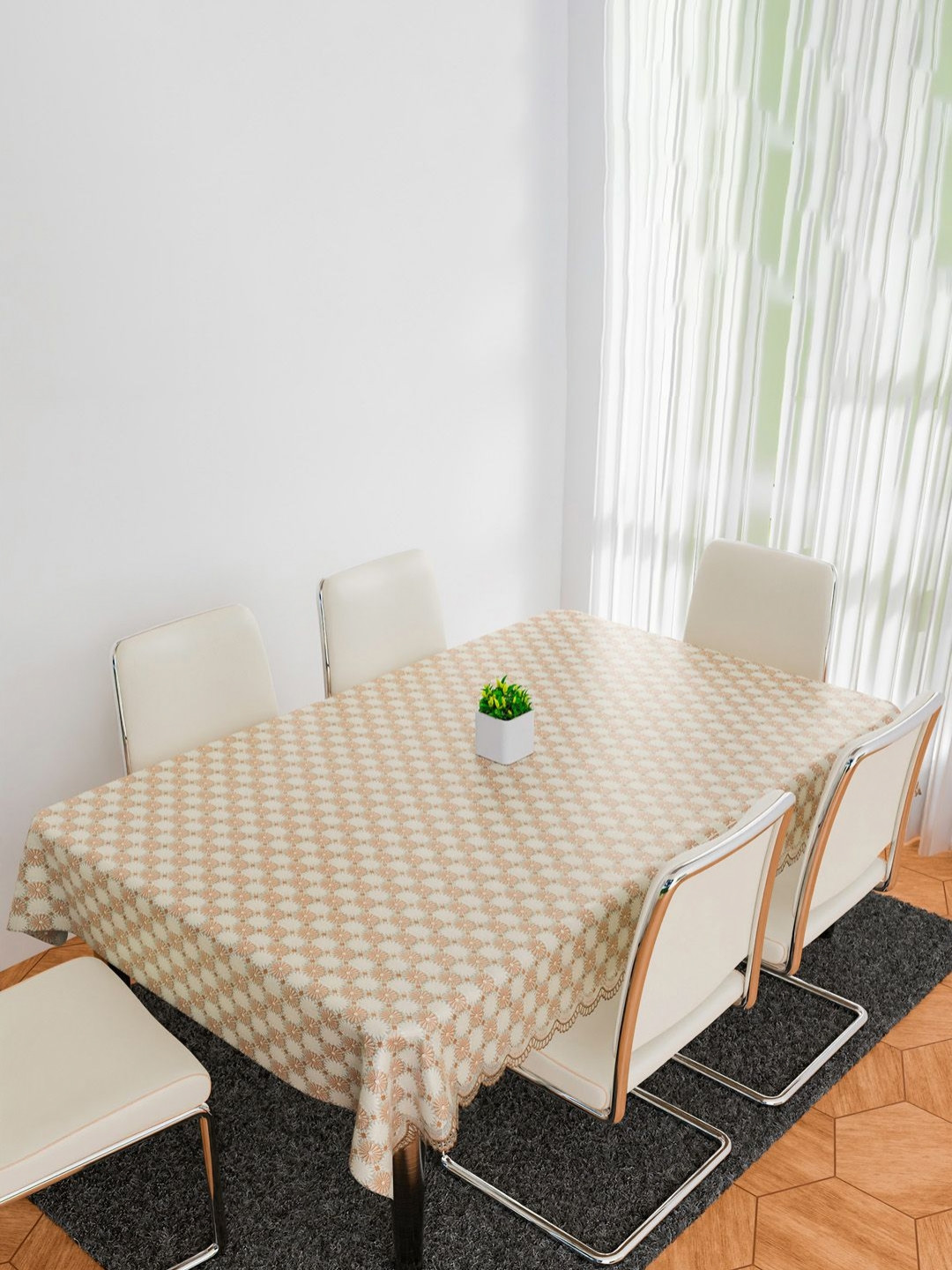 Aura Brown & Cream Colored Floral Textured Anti-Skid 4-Seater Table Cover