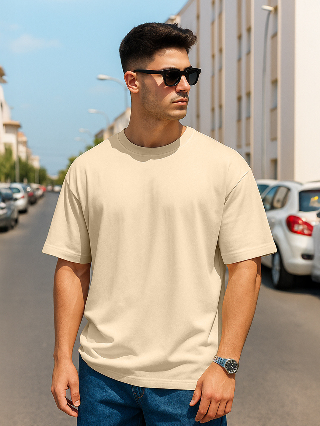 VEIRDO Beige Drop-Shoulder Sleeves Pure Cotton Oversized T-shirt