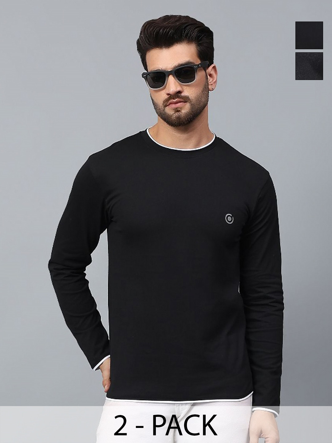 DIAZ Men Pack of 2 Solid Round Neck Full Sleeves Cotton T-shirts