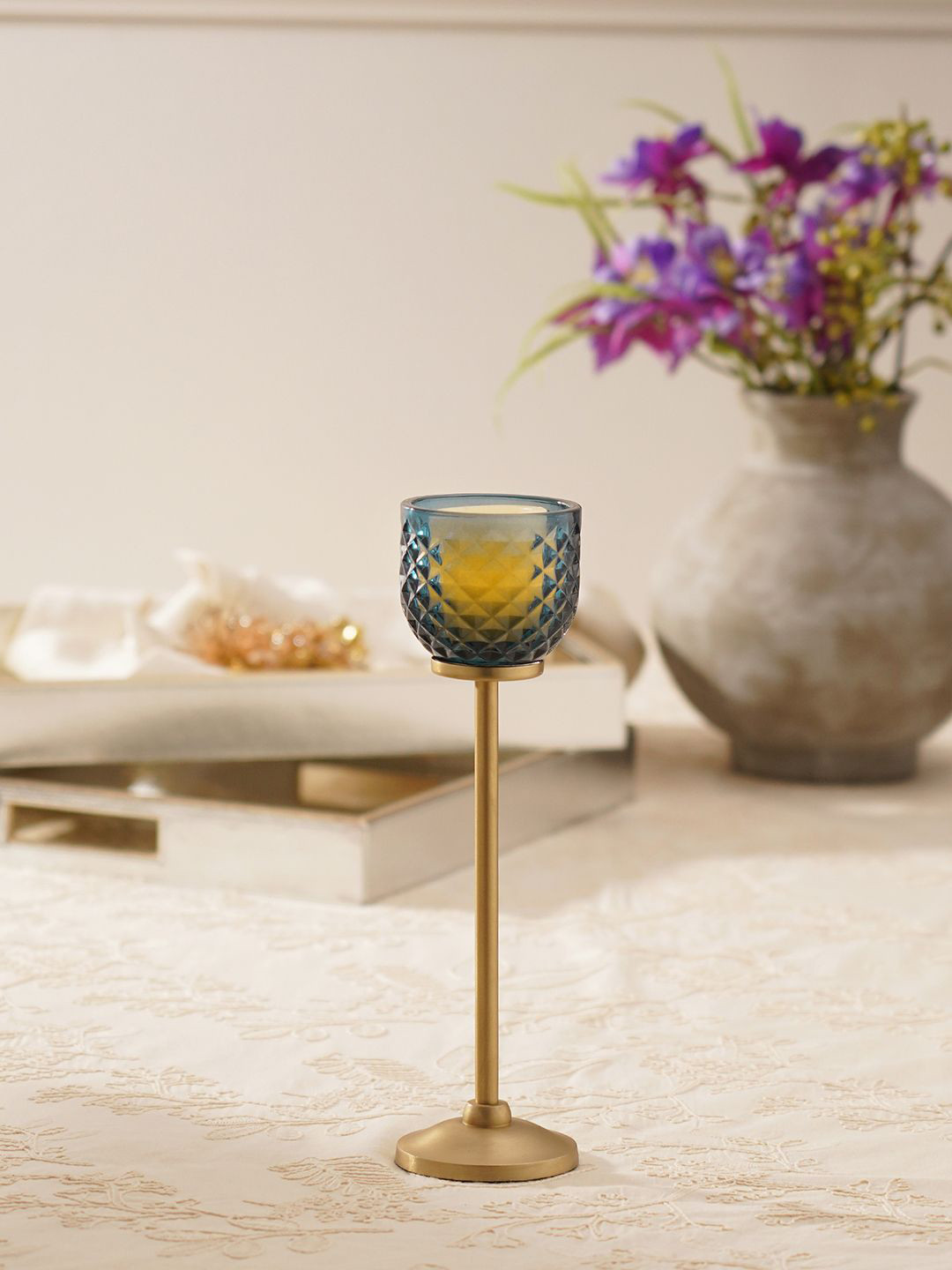 Pure Home and Living Blue Diamond Texture Candle Holder With Stand