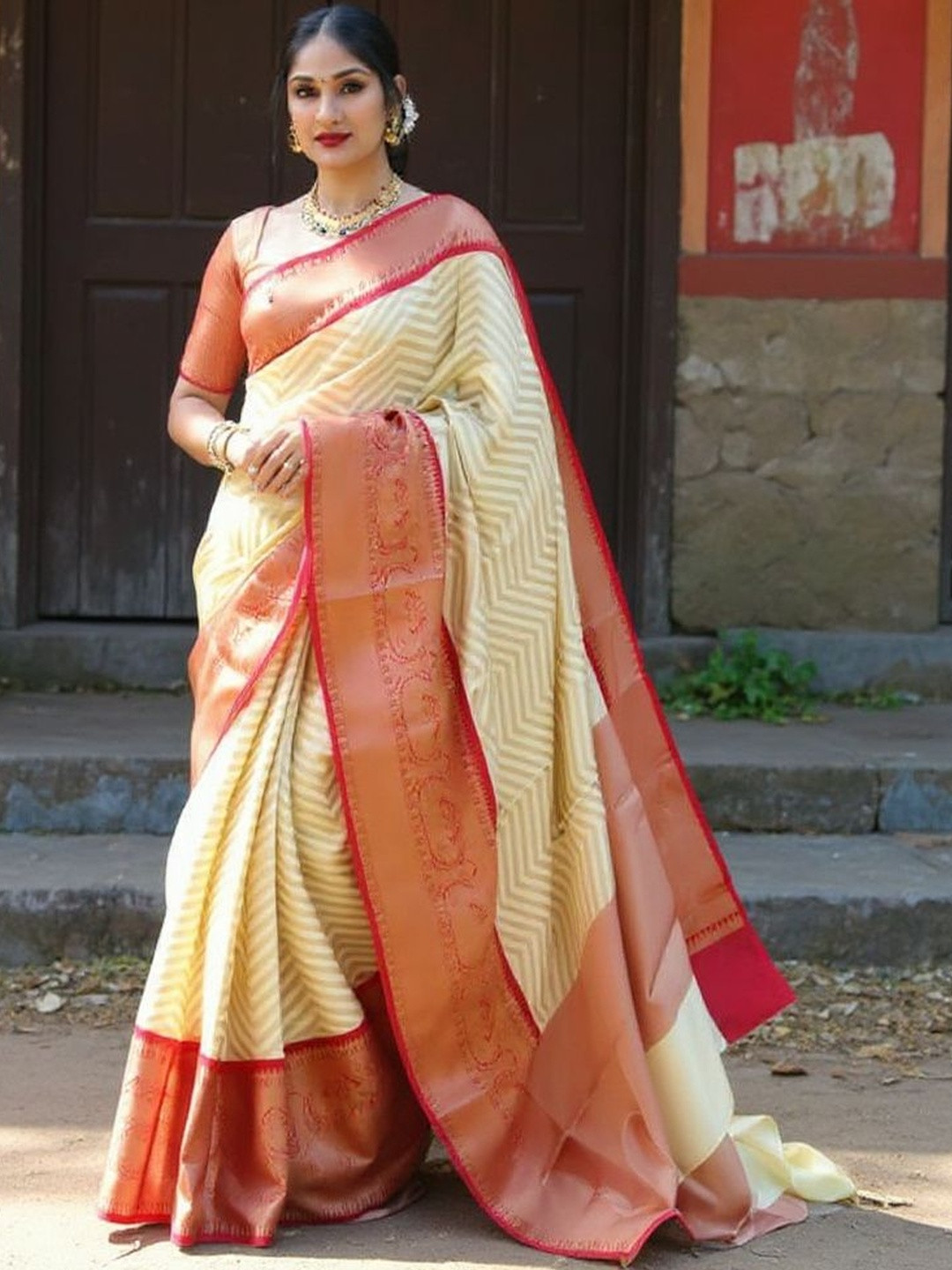 VILLE FASHION Cream Art Silk Woven Design Sarees