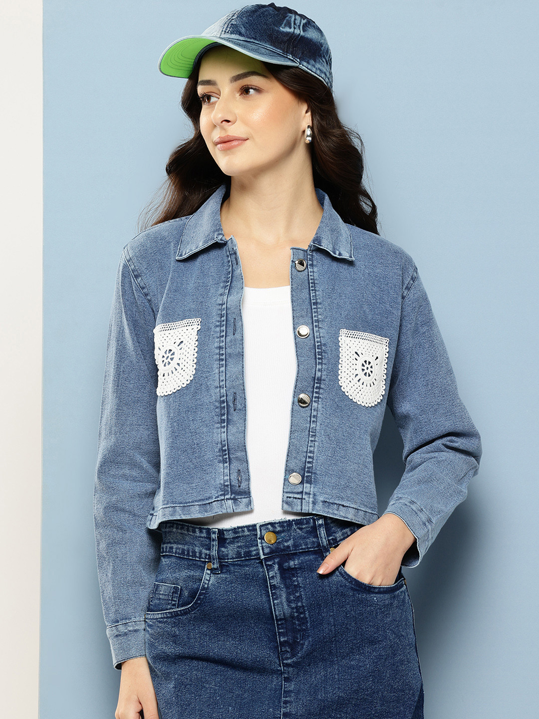 Aarika Crochet Pocket Crop Denim Jacket