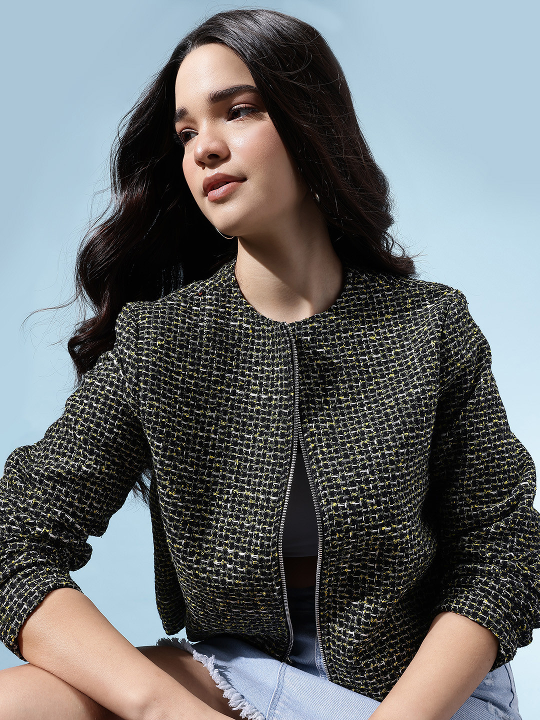 Checked Crop Jacket in Black, Green, and White