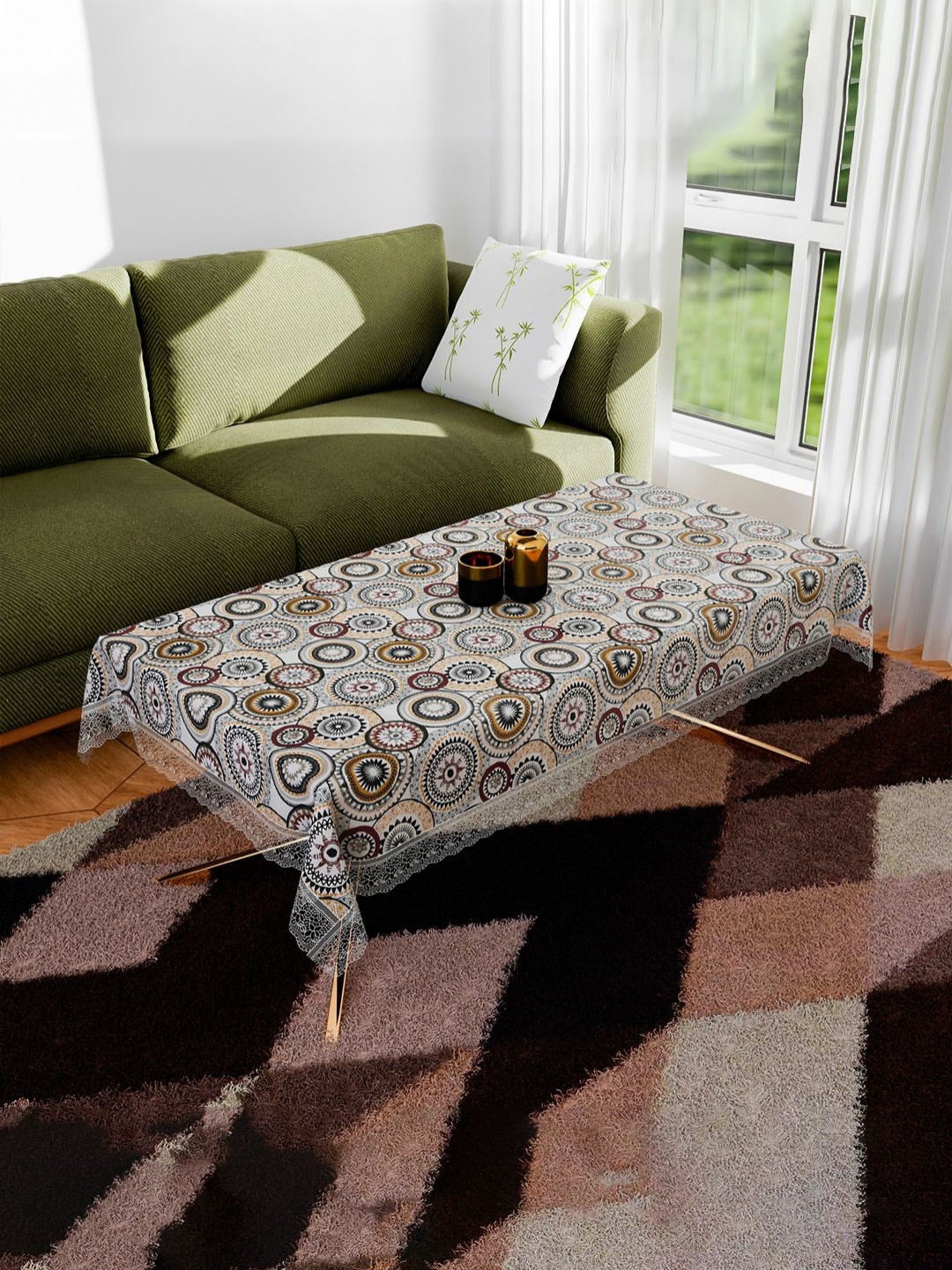 Aura White & Brown Rangoli Anti-Skid Rectangle 4 Seater Table Cover