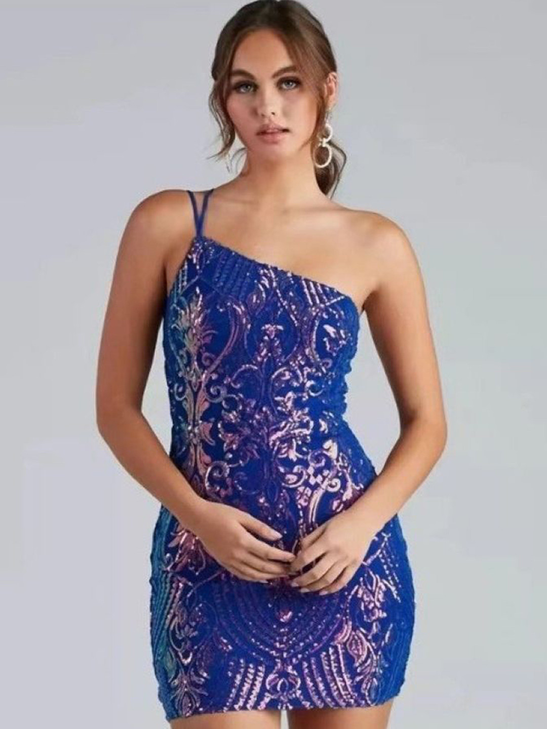 Embellished One Shoulder Blue Bodycon Mini Dress