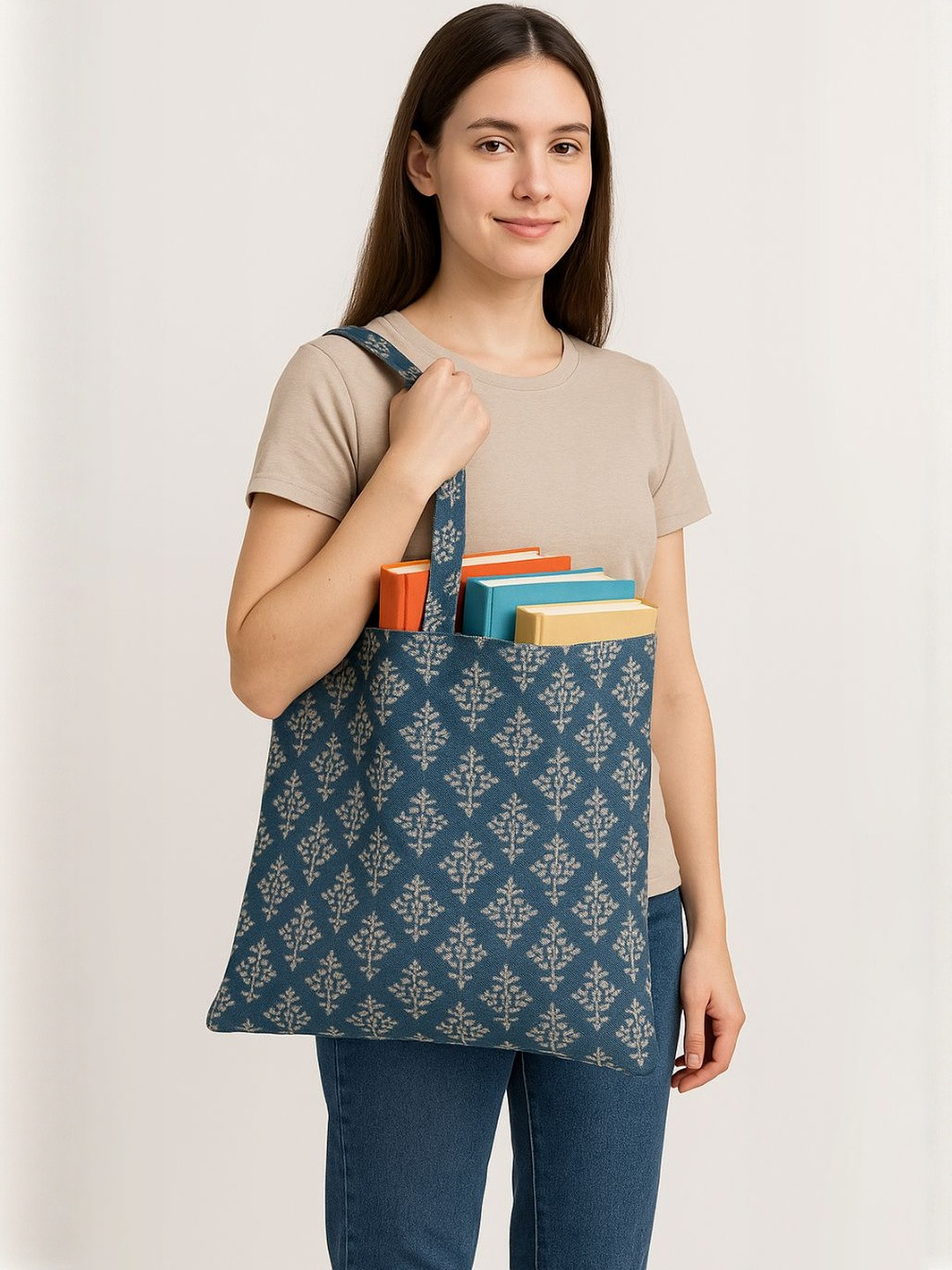 YASH GALLERY Women Ethnic Motif Printed Navy Blue Cotton Tote Bag