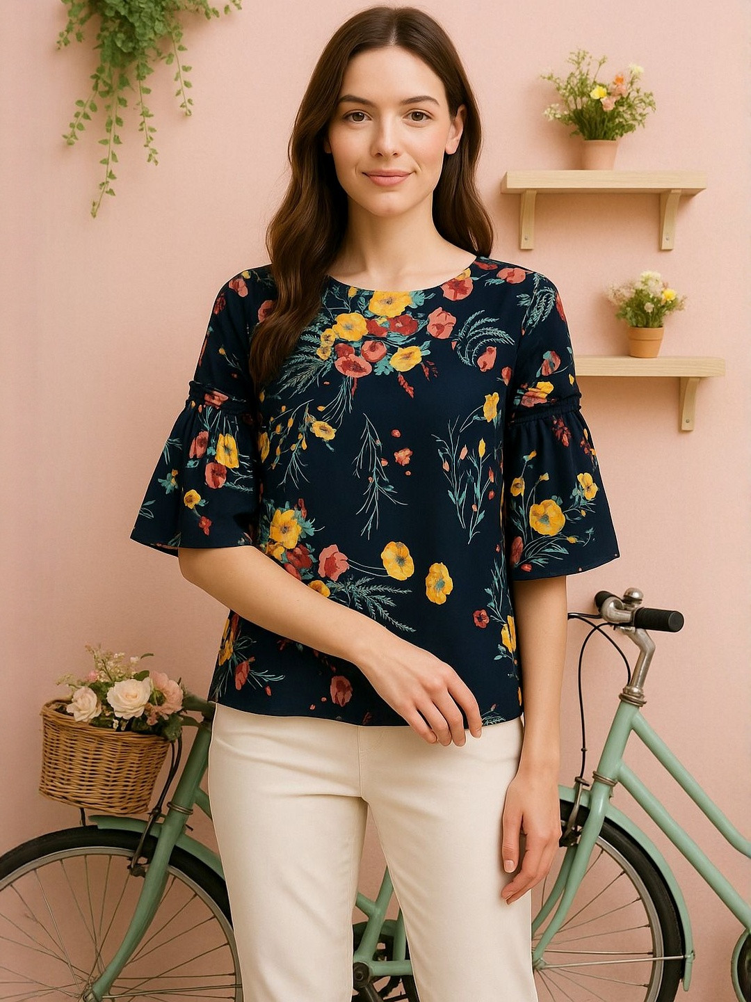 HERE&NOW Floral Navy Blue Print Flared Sleeve Georgette Top