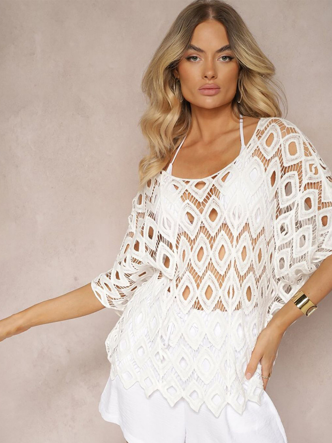 JC Mode Women Extended Sleeves Crochet Kaftan Top