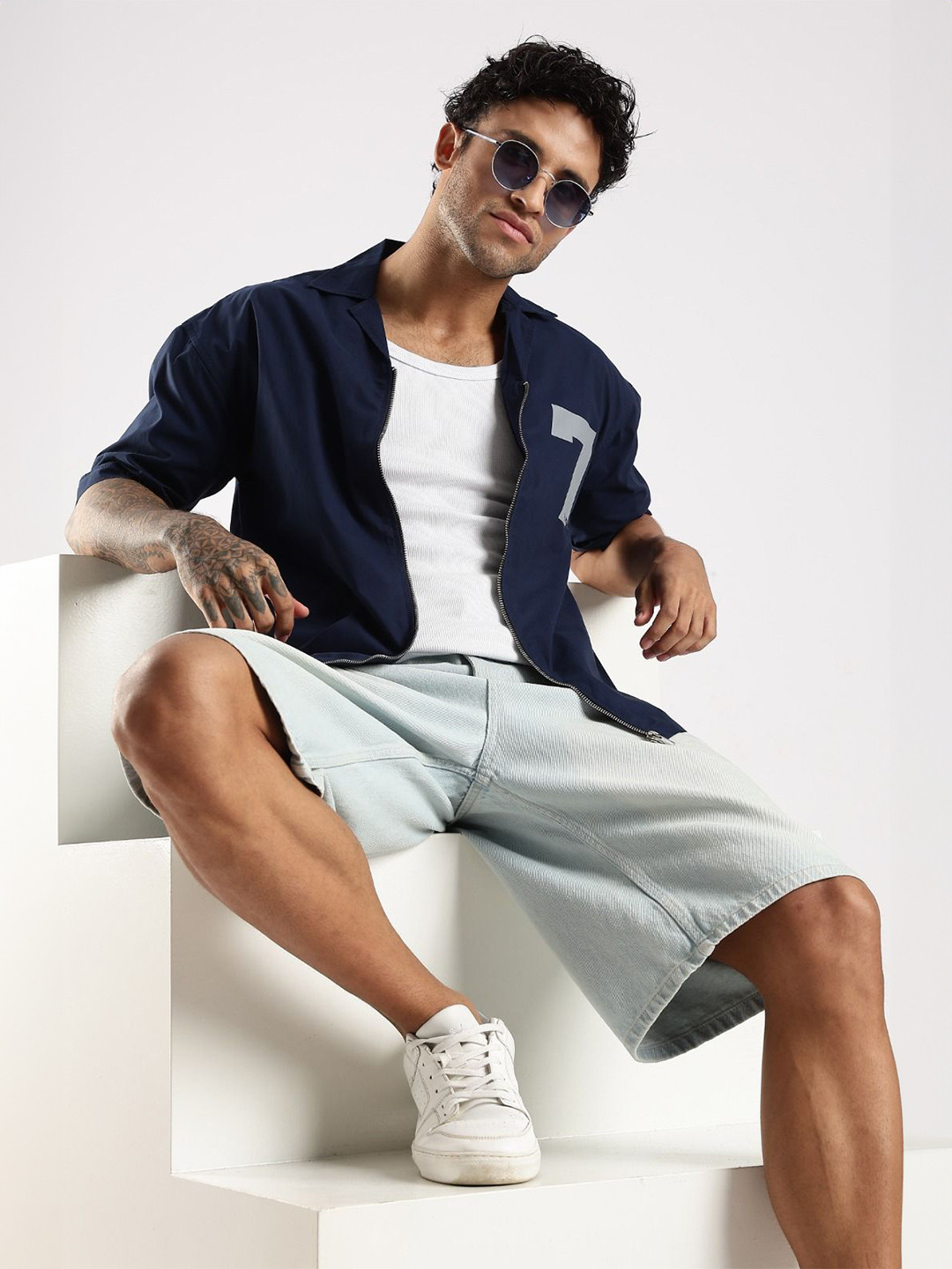 Blu MNKY Men Typography Print Classic Slim Fit Casual Zip-Up Shirt