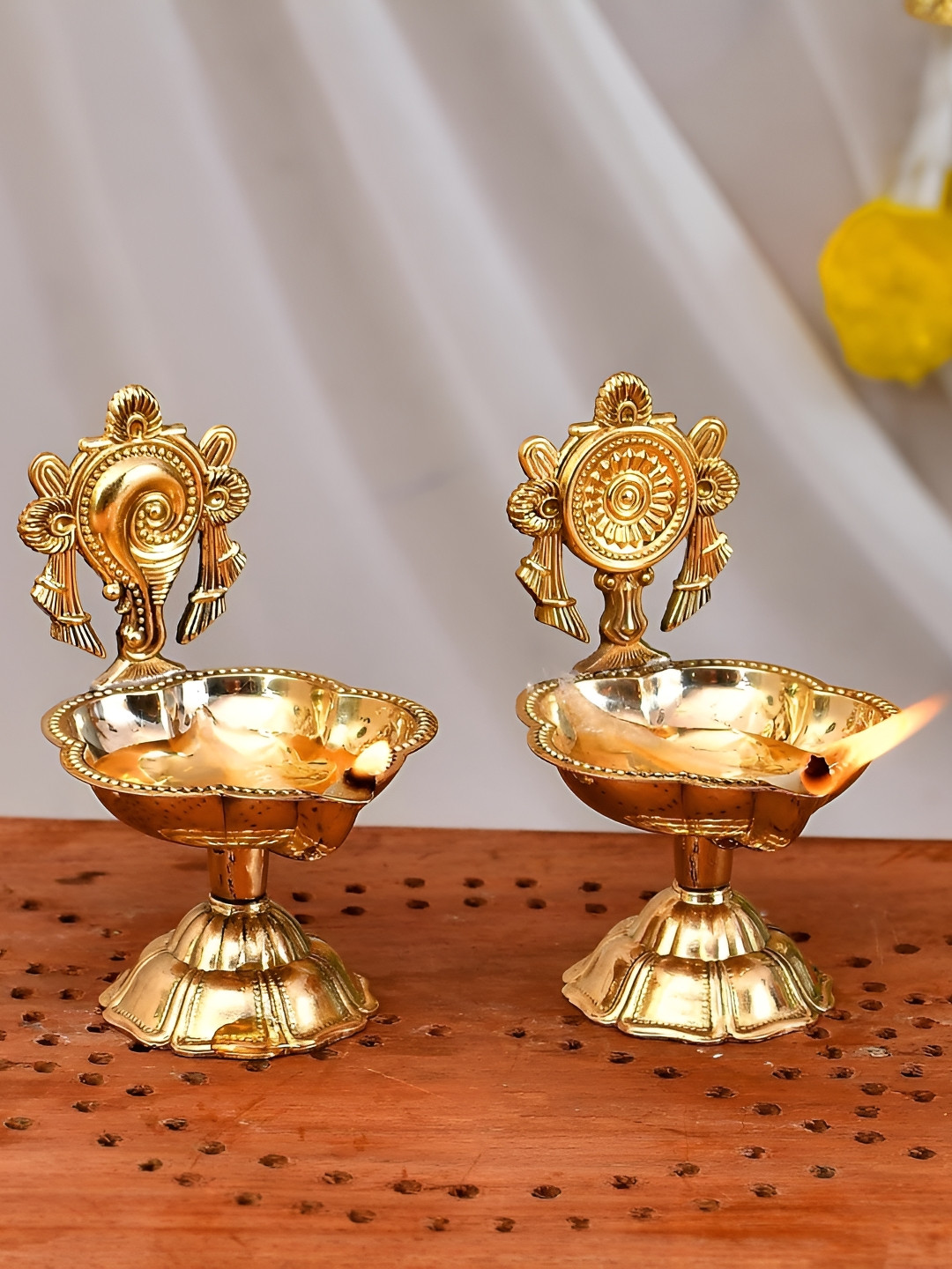 CraftVatika Brown Pure Brass Shanku Chakra Kuber Diya