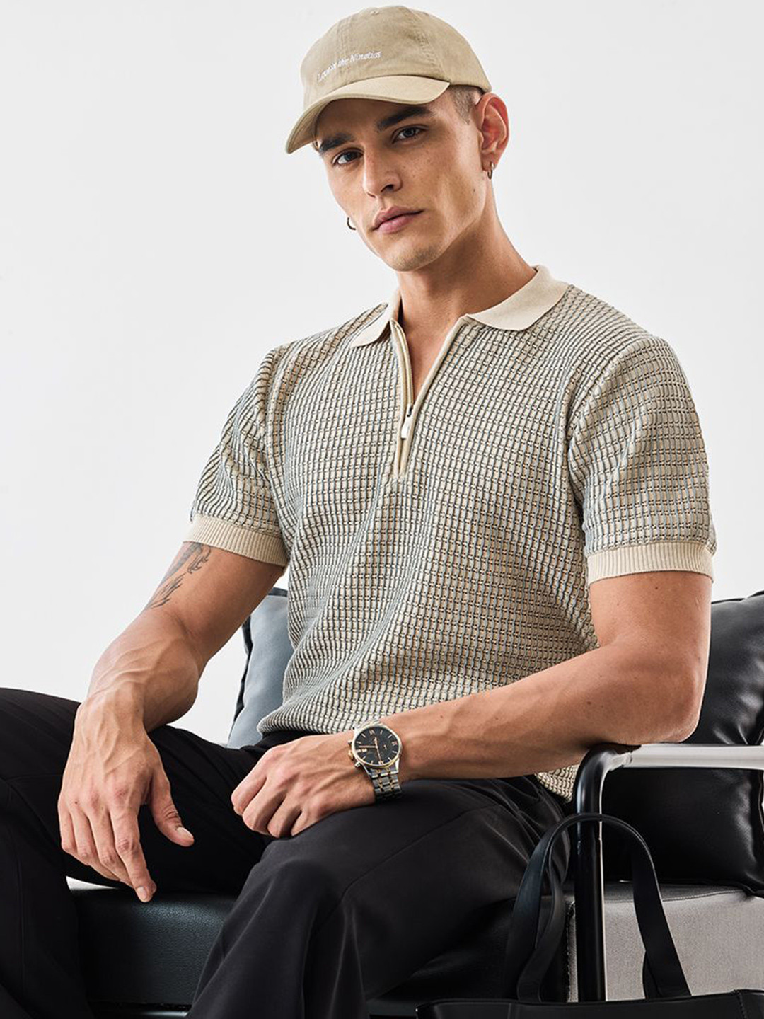 Snitch Men Beige Textured Polo Collar T-shirt