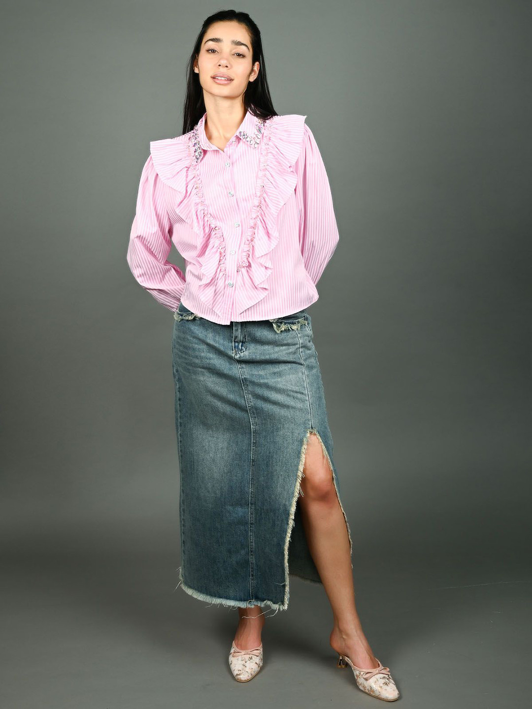 ODETTE Women Vertical Stripes Striped Ruffles Shirt Collar Shirt Style Top