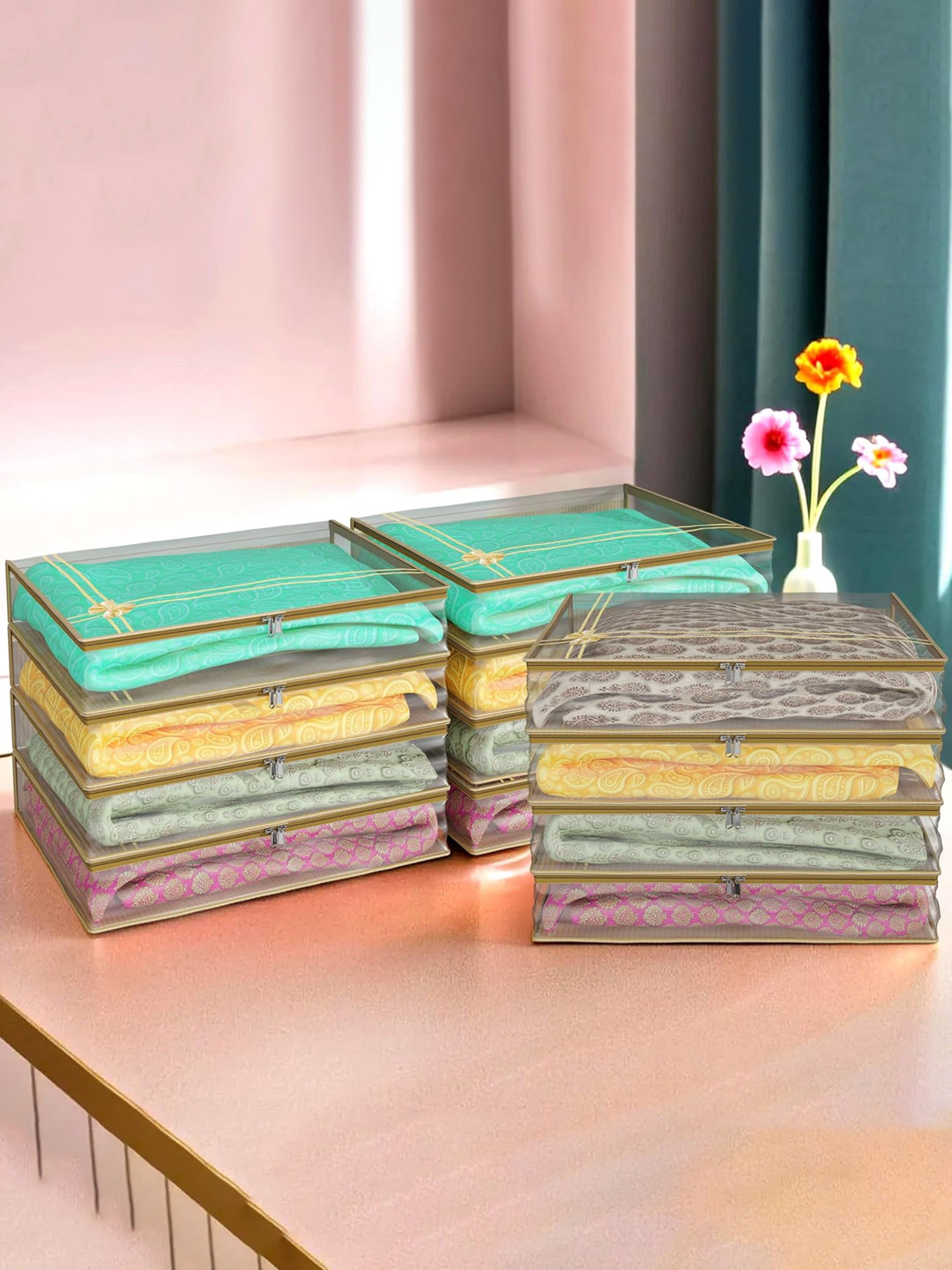 Kuber Industries Set Of 12 Gold-Coloured & Transparent Solid Satin Single Packing Saree Cover Organizers