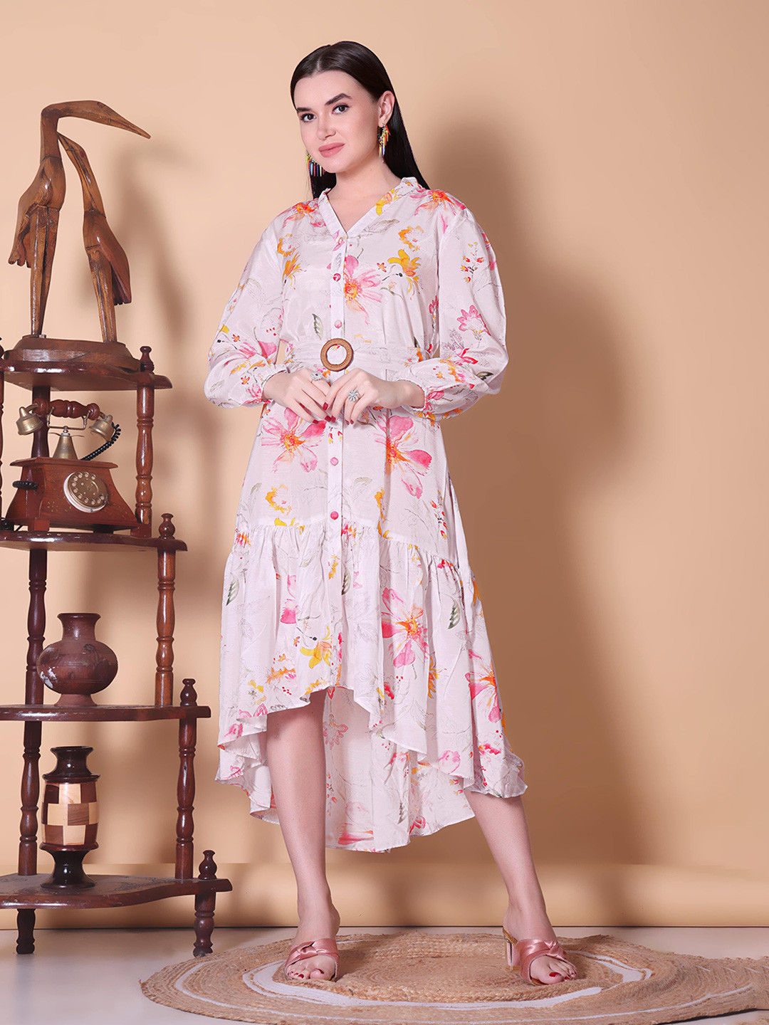 Dot Shine Women Floral Printed Belted High-Low Fit & Flare Dress