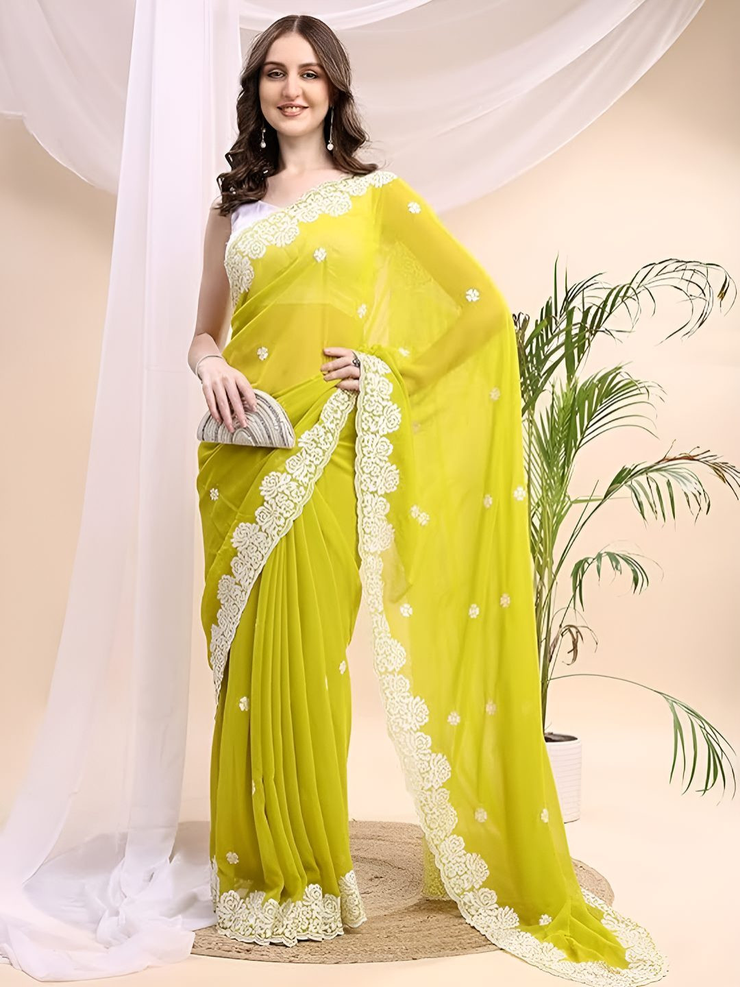 HESVI Floral Chikankari Embroidered Net Saree
