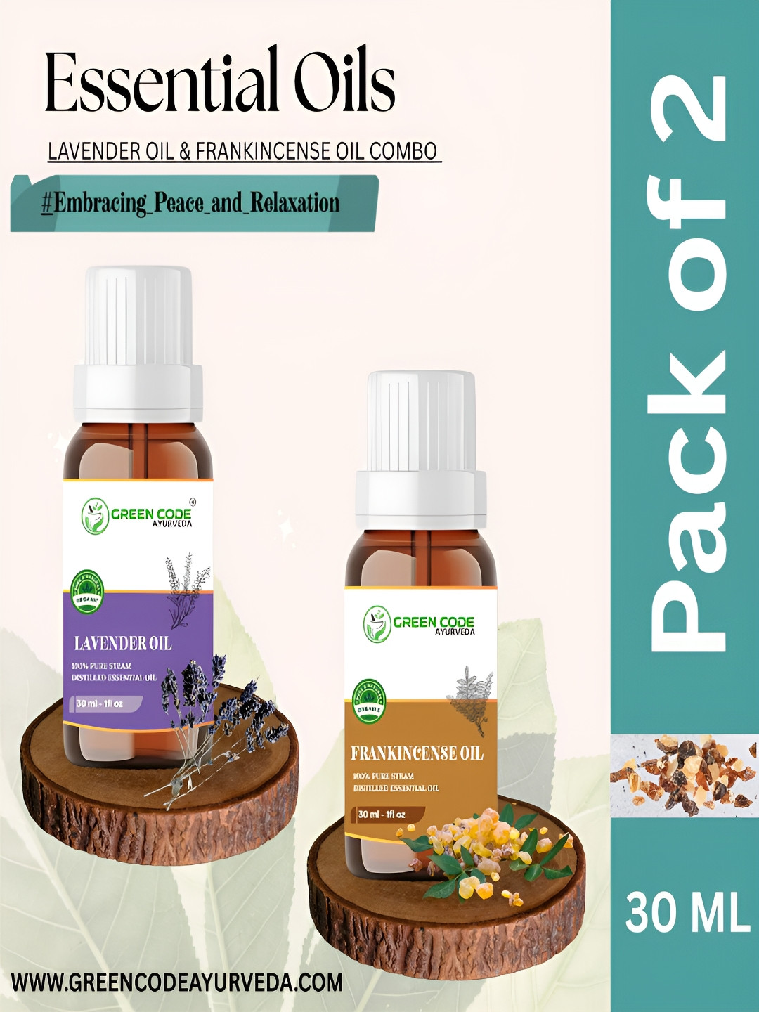 GREEN CODE AYURVEDA Set Of 2 100% Pure Frankincense & Lavender Essential Oils - 30 ml Each