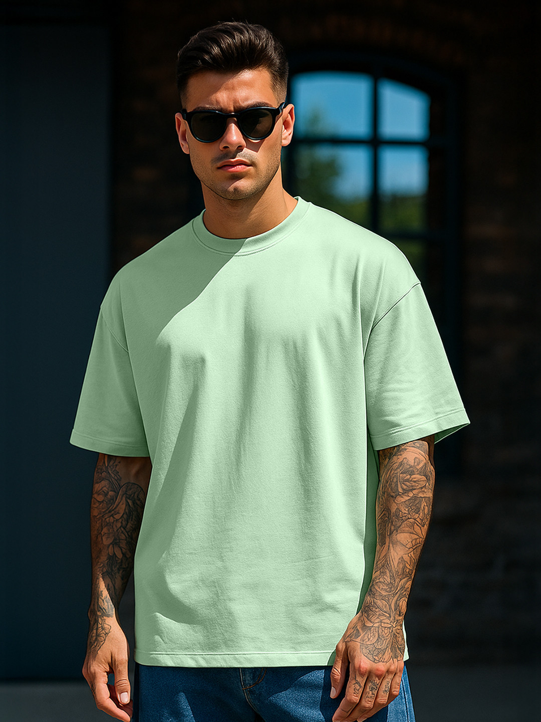 VEIRDO Green Drop-Shoulder Sleeves Pure Cotton Oversized T-shirt