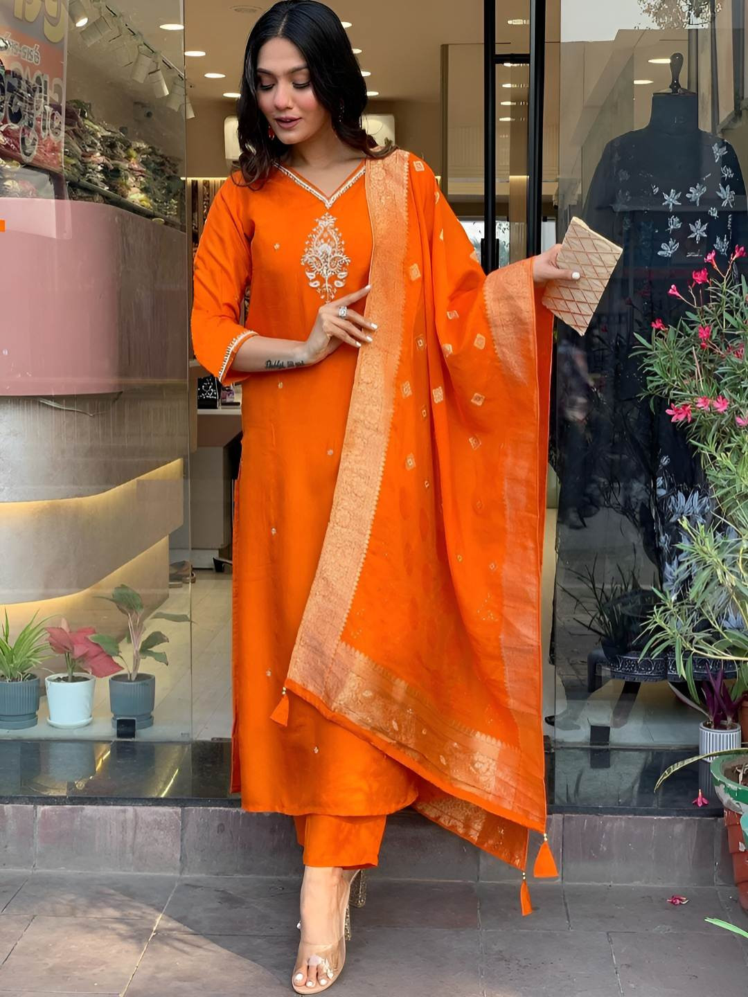 MEHZEEL FAB Women Ethnic Motifs Embroidered Cotton Kurta with Trousers & Dupatta