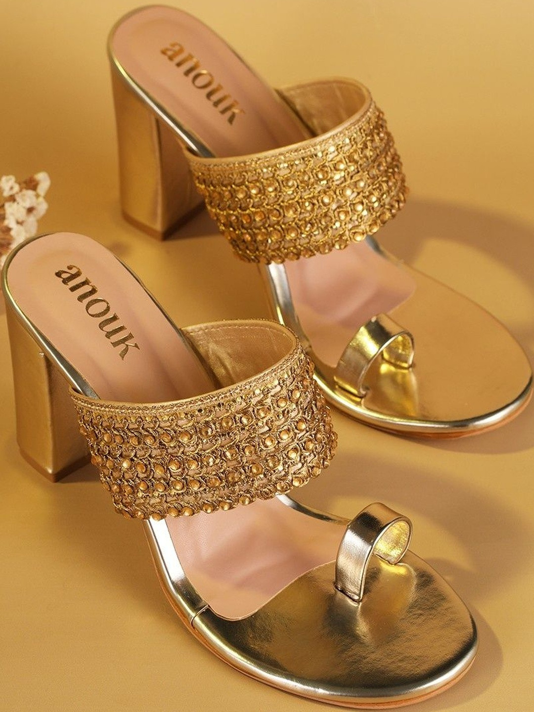 Anouk Women Golden Embellished Party Block Heels