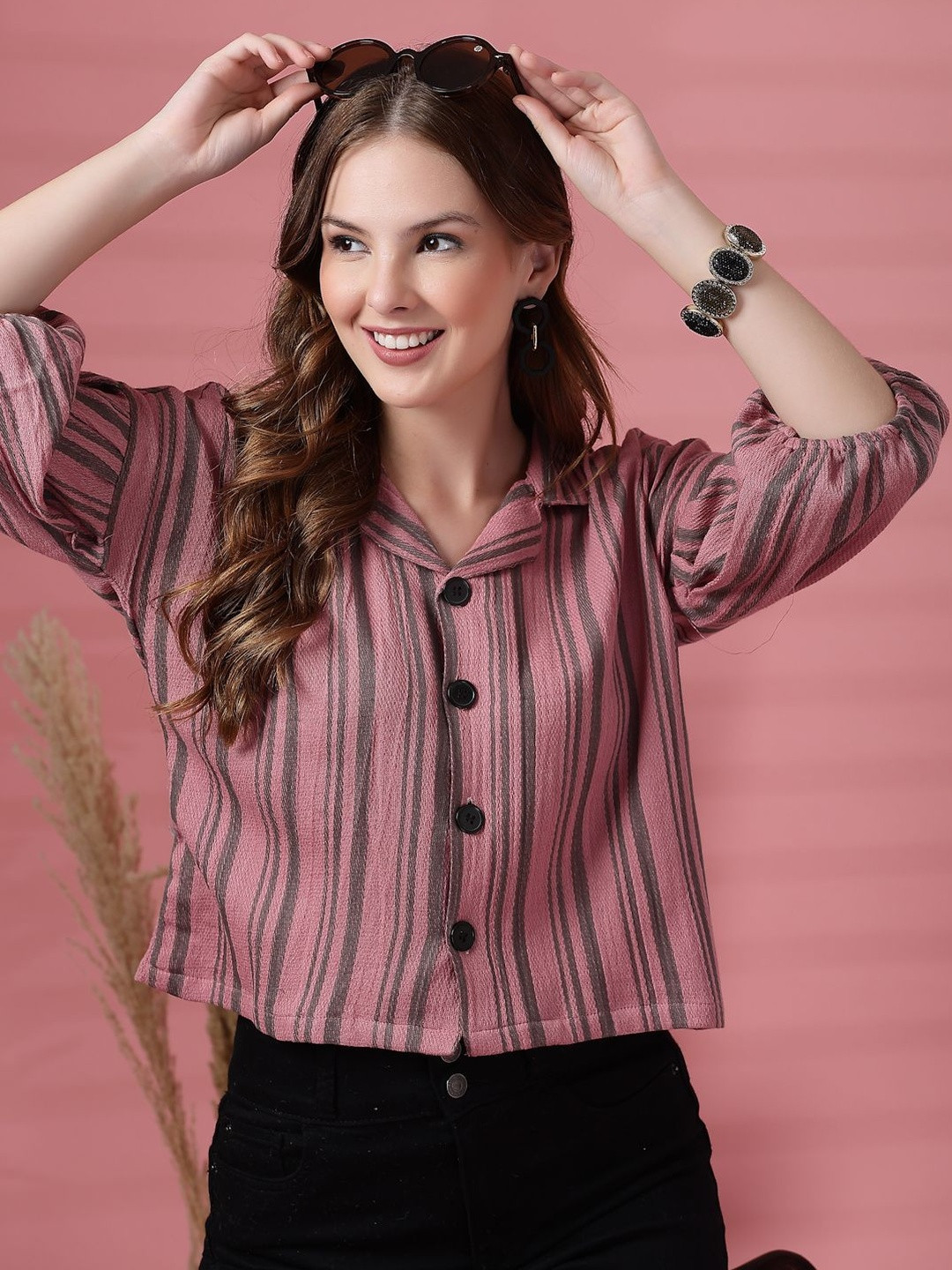 Tzelynn Women Pure Cotton Striped Oversized Crop Shirt Collared