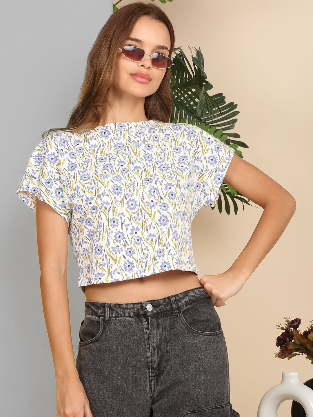 SZN Women Floral Printed Dolman Sleeves Boat Neck Crop T-shirt