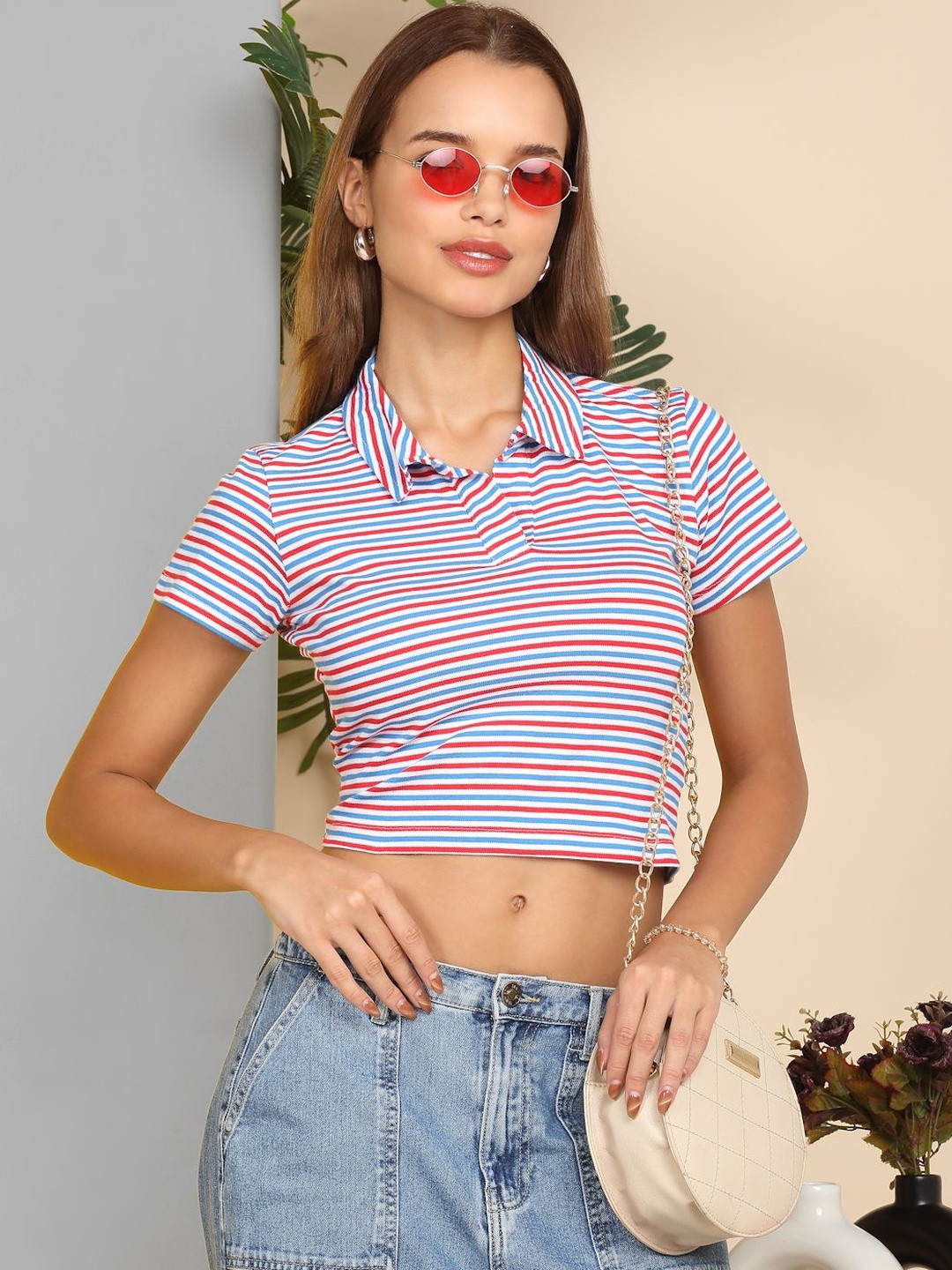 SZN Women Red and Blue Striped Polo Collar Slim Fit T-shirt