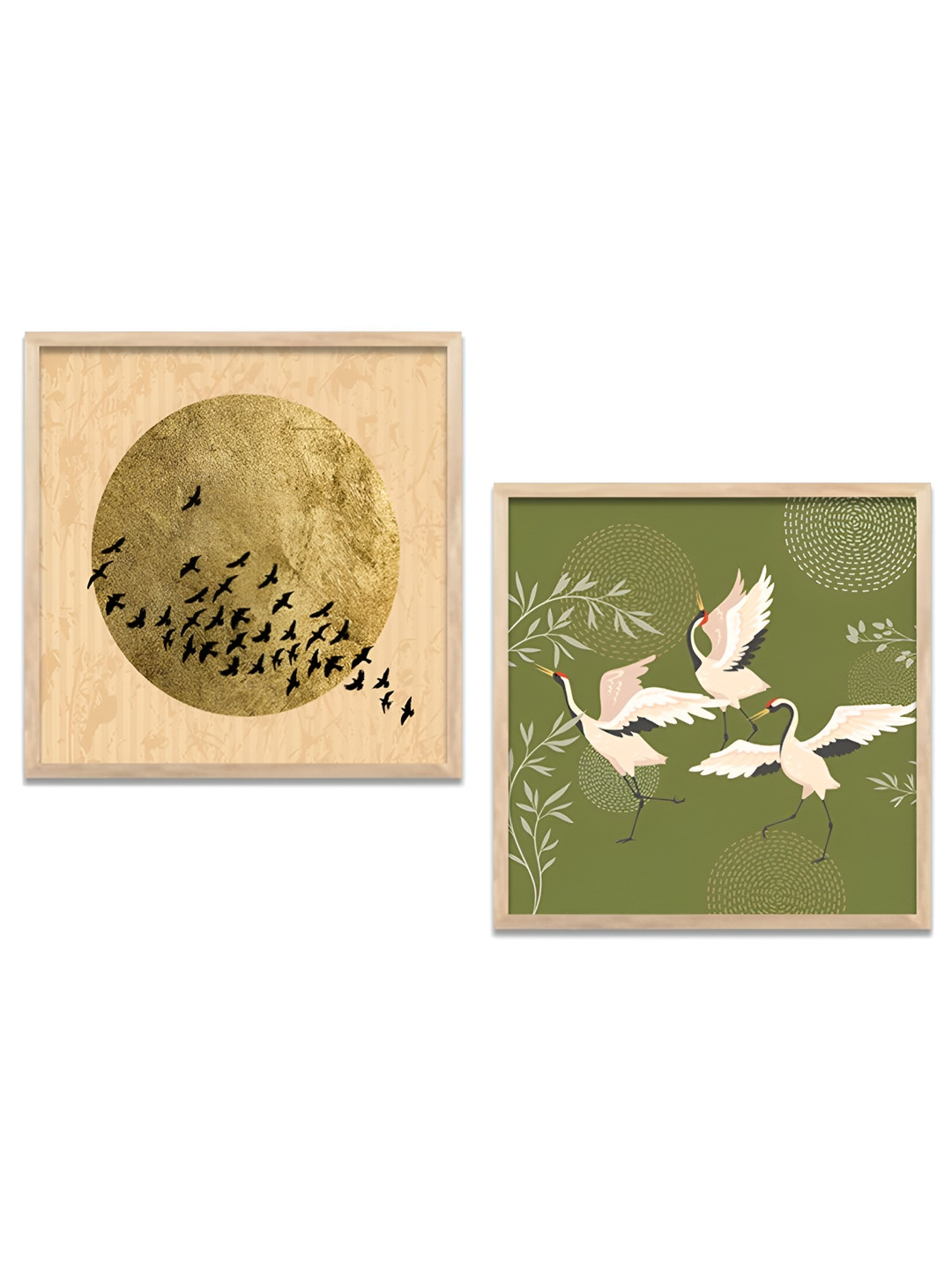 Kotart Brown & Green 2 Pieces Birds & Moon Printed Wooden Wall Arts