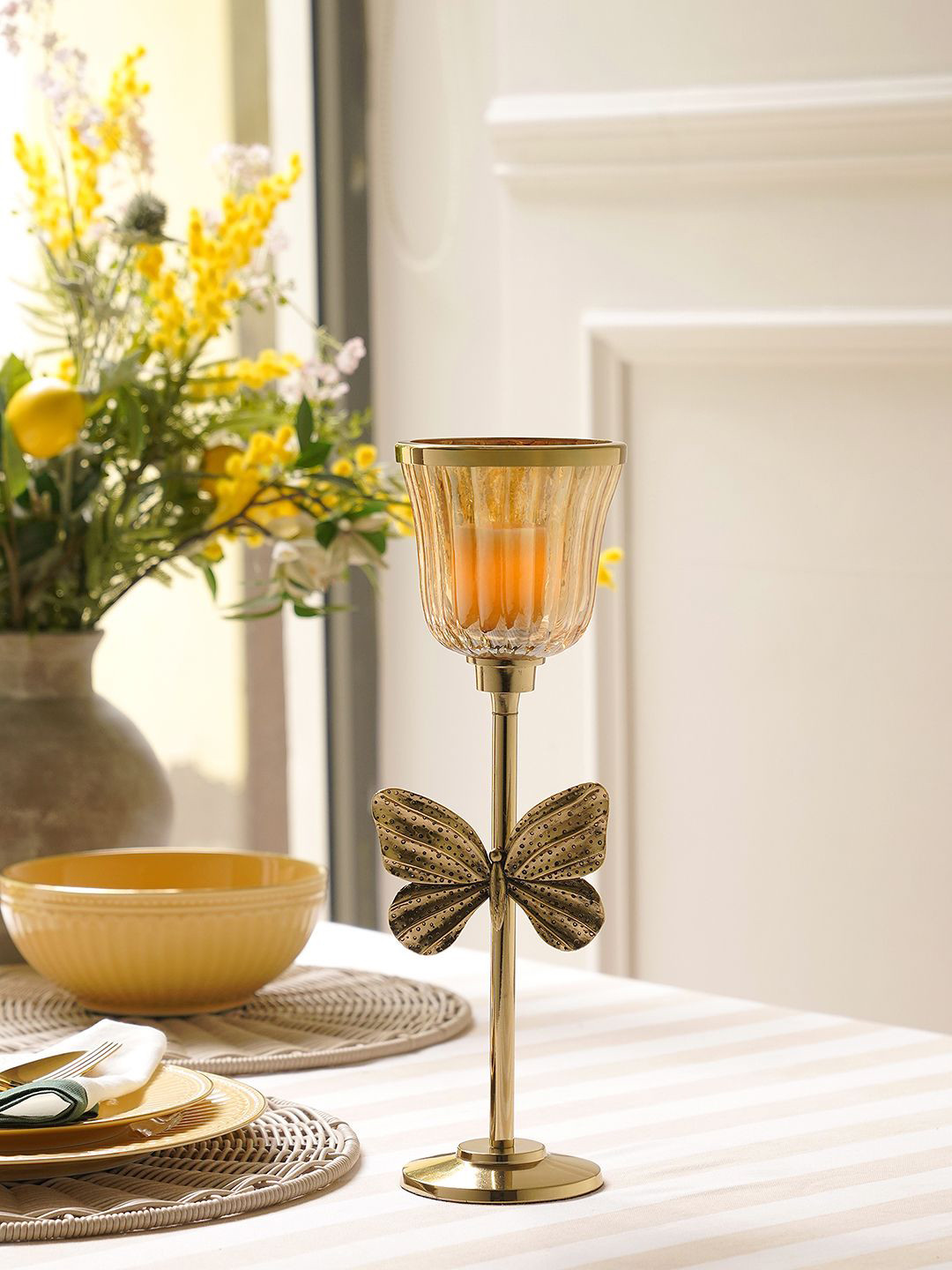 Pure Home and Living Gold-Toned Butterfly Inspired Glass Candle Holder