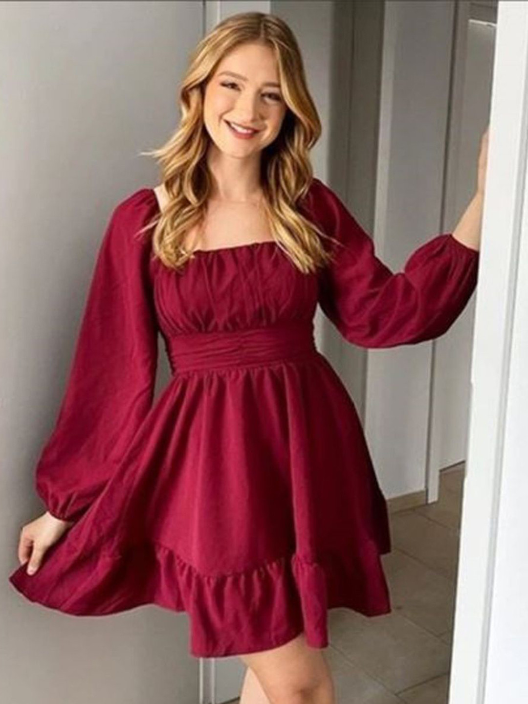 valardoh Women Square Neck Puff Sleeves Fit and Flare Midi Dress