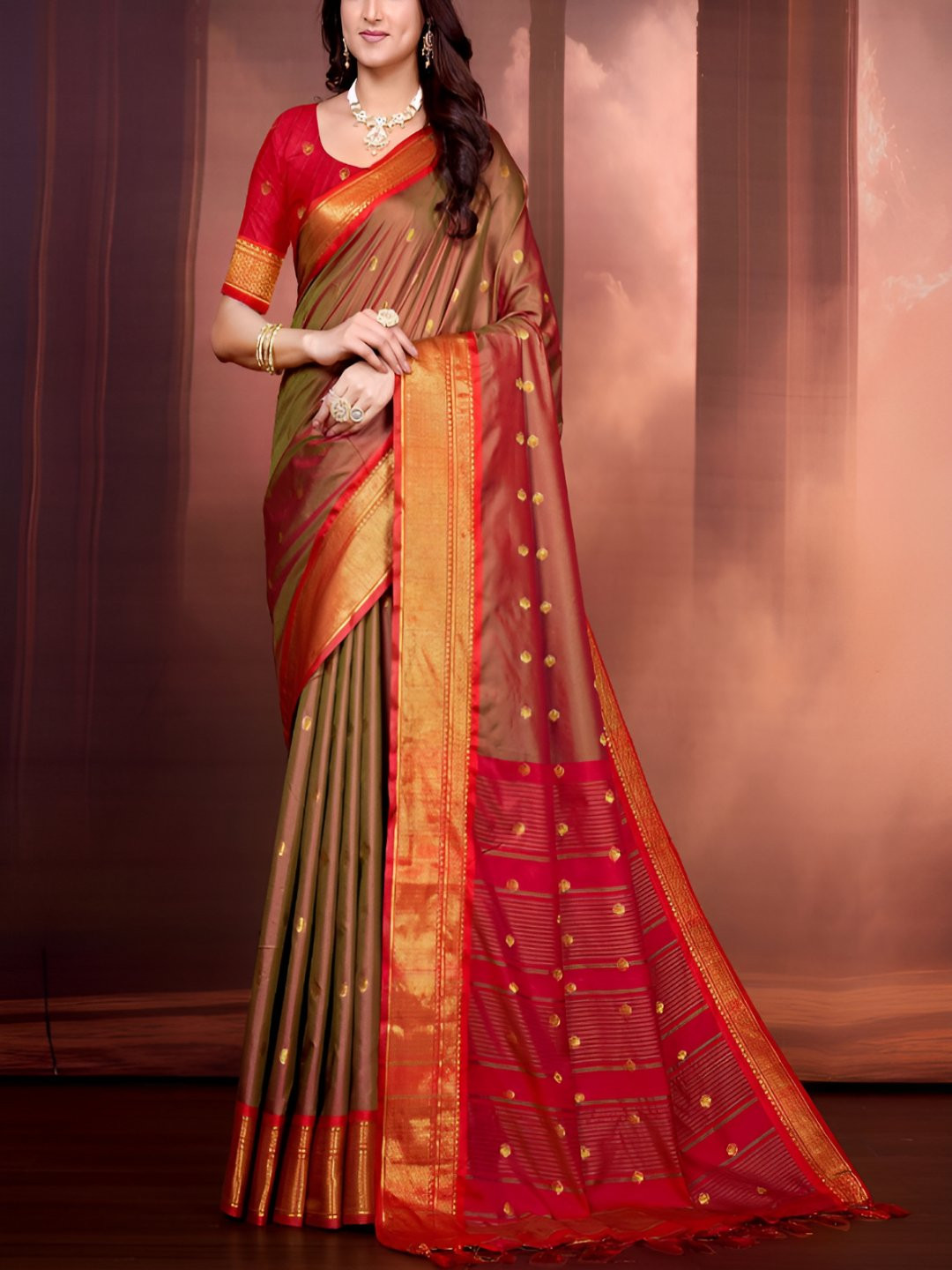 PEENGAX Woven Design Zari Banarasi Saree With Blouse