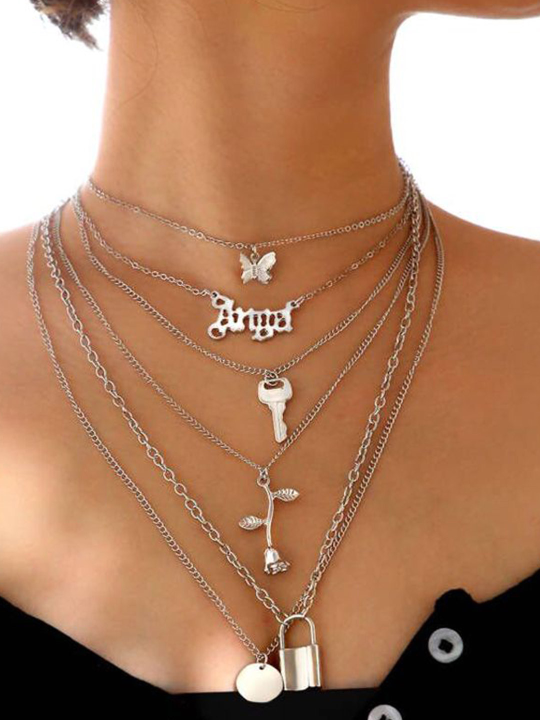 Shining Diva Fashion Set Of 6 Gold Plated Butterfly Shaped Necklace With Chains