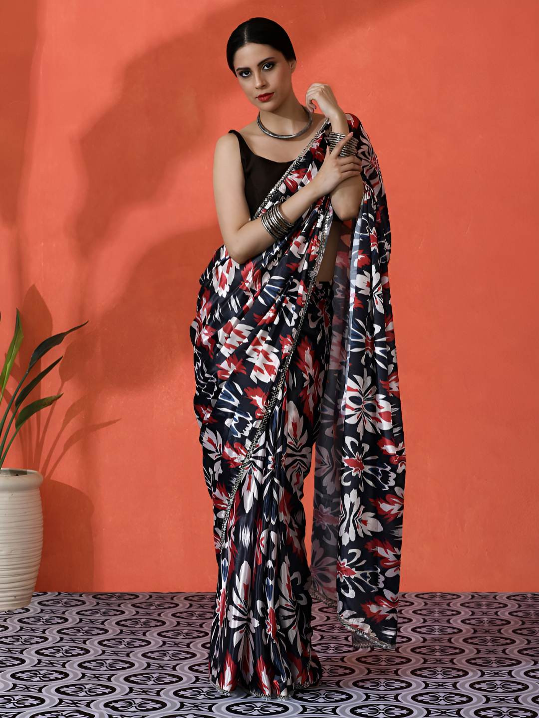 Desi Fusion Floral Printed Satin Mirror Work Saree