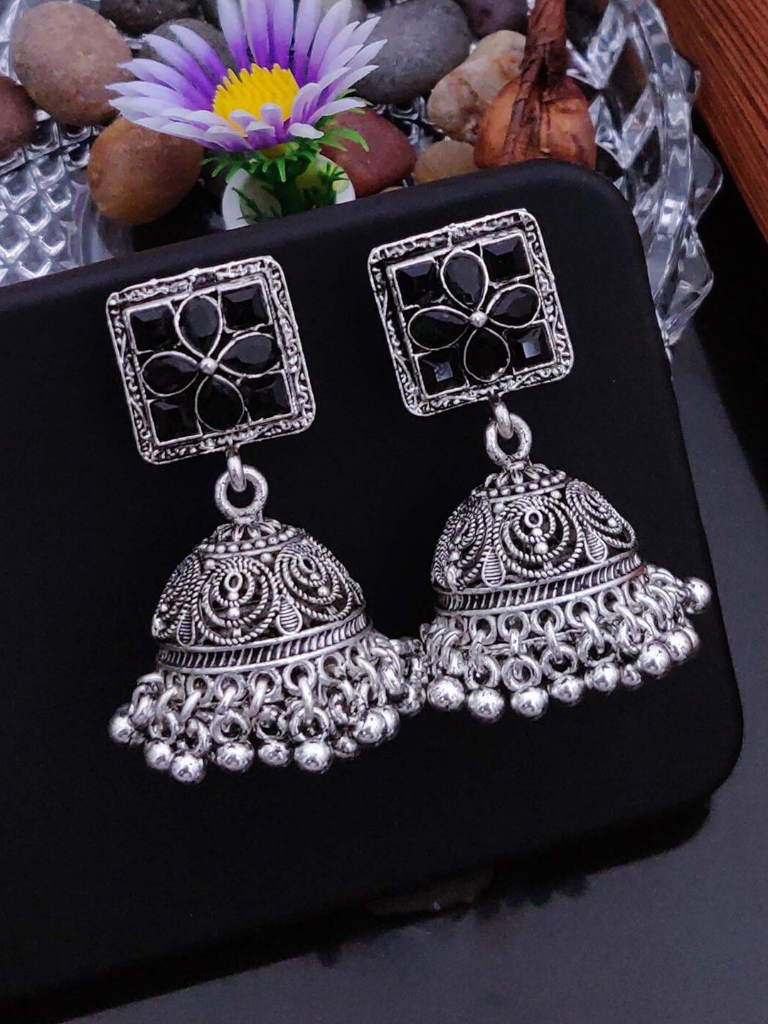 SOLIBELLE German Silver Plated Oxidised American Diamond Studded & Ghungroo Dome Jhumkas