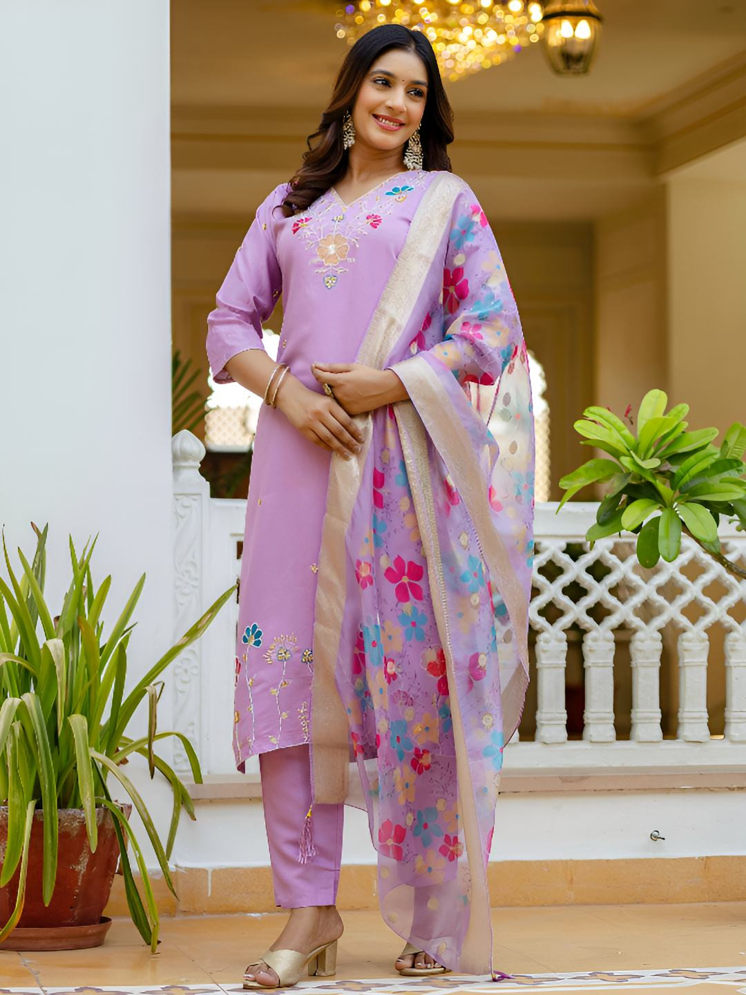 Happy Design Floral Embroidered Thread Work Kurta With Trousers & Dupatta