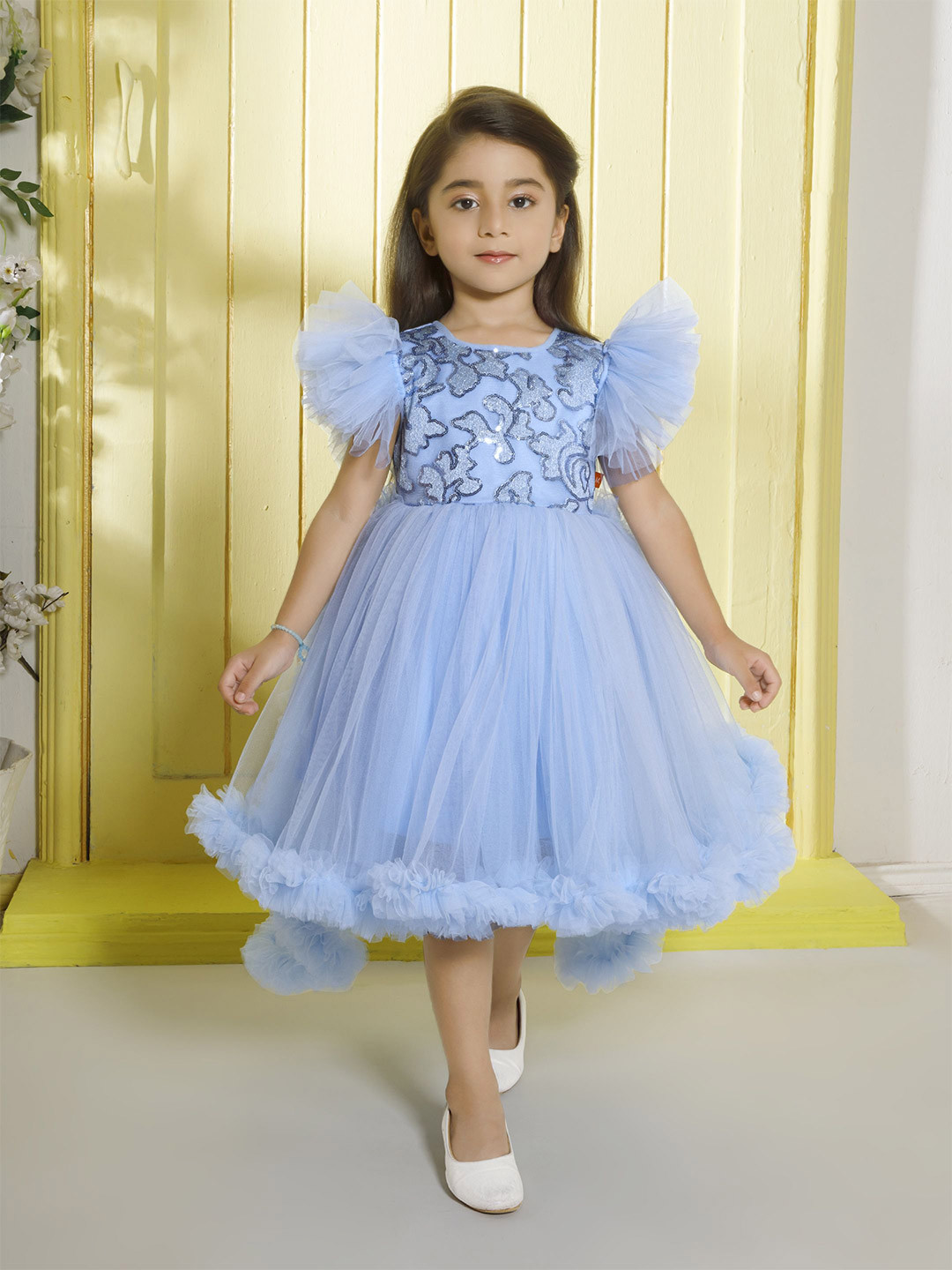 Ministitch Girls Embellished Flutter Sleeves Sequence Net Fit & Flare Dress